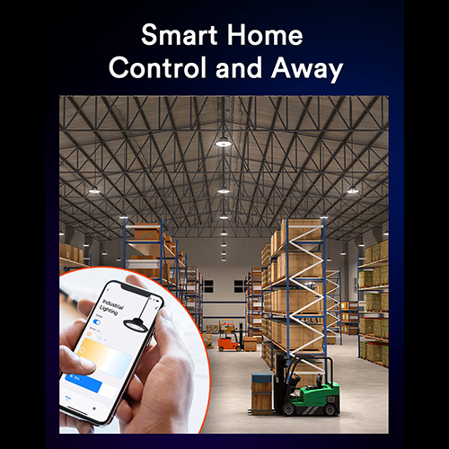 Smartphone showing remote control for smart home features in a warehouse