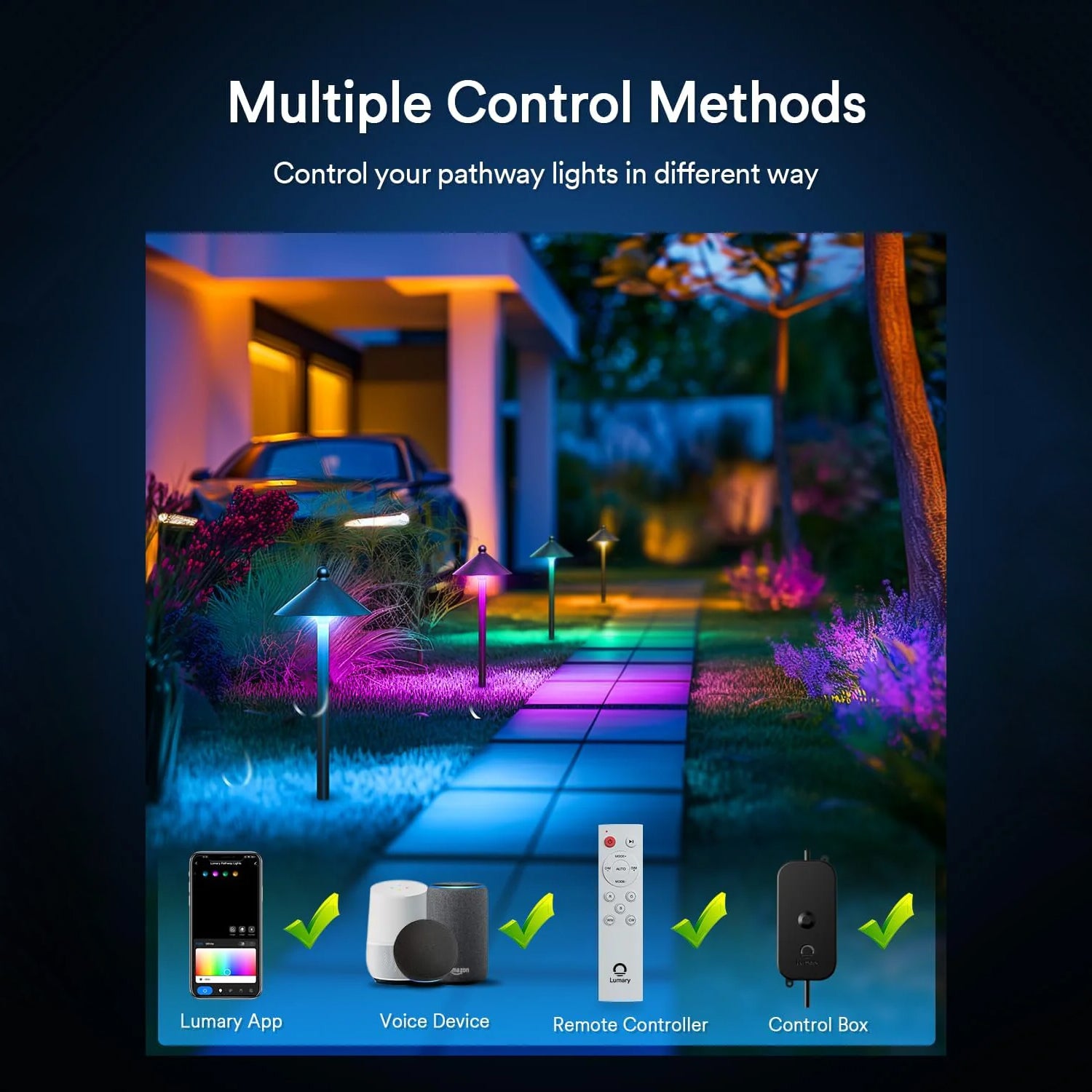 Lumary pathway lights with remote, app, and voice control options on a colorful garden path.