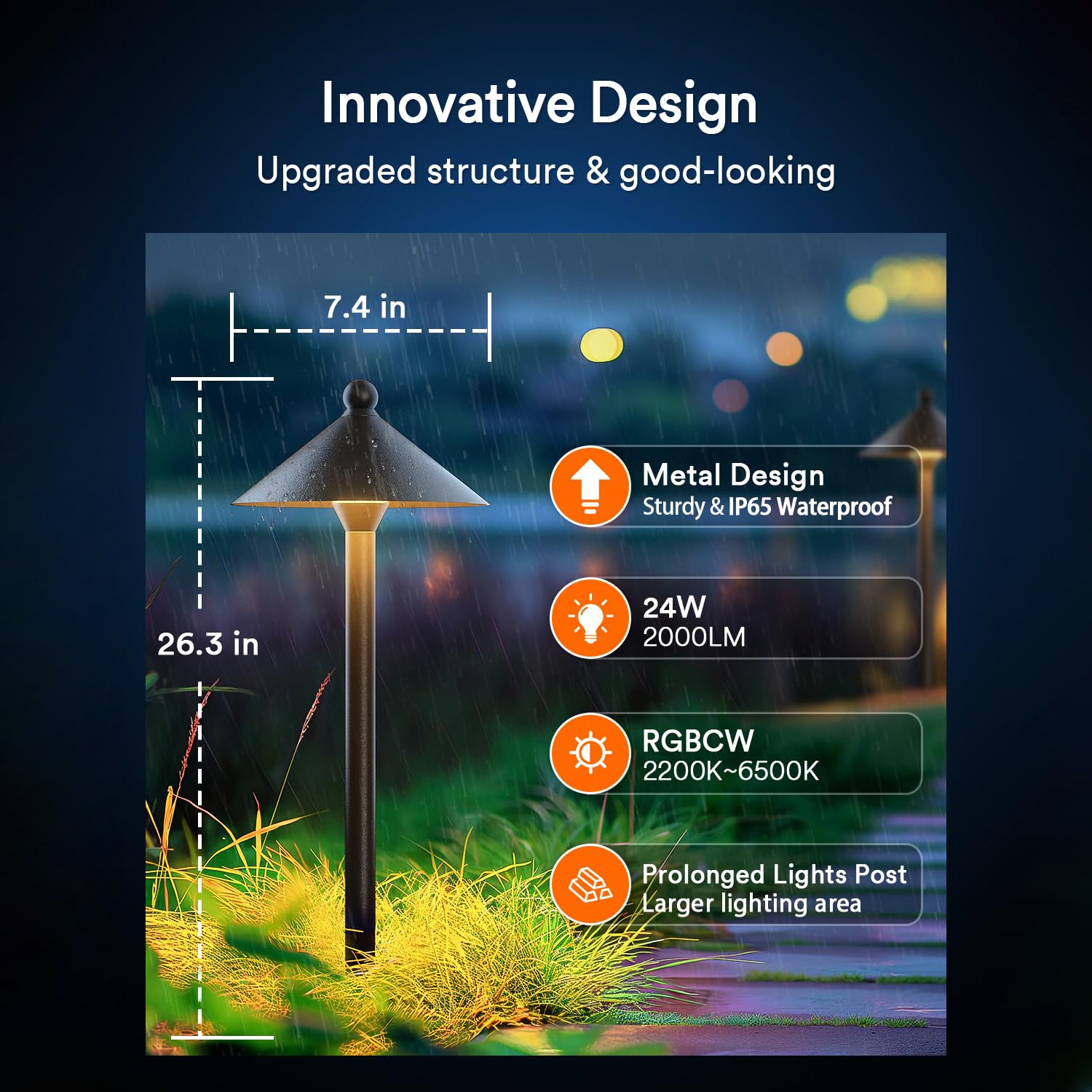 Lumary pathway lights showcasing waterproof design, 2000LM brightness, and RGB color options.