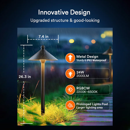 Lumary pathway lights showcasing waterproof design, 2000LM brightness, and RGB color options.