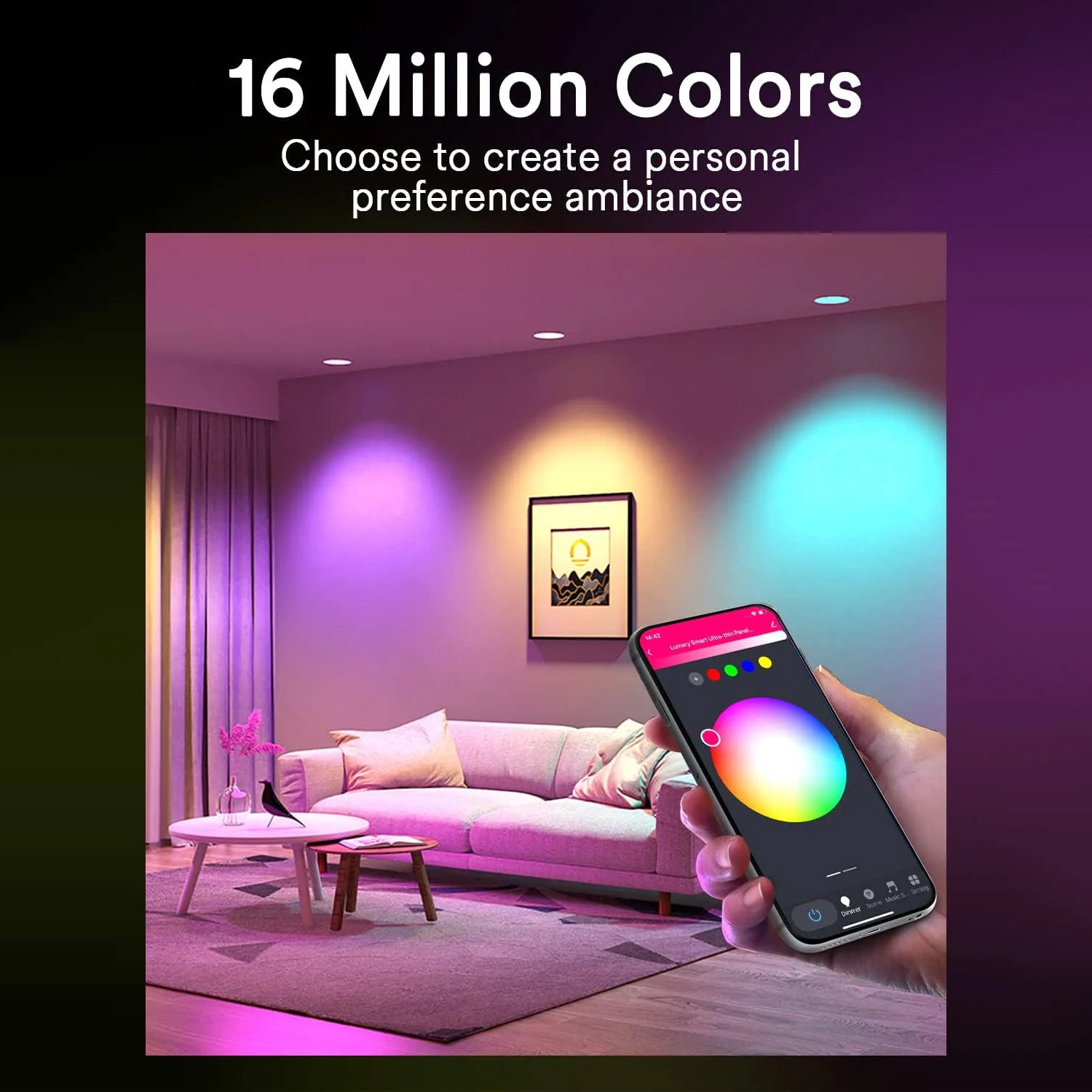 Living room with colorful Lumary recessed lights and smartphone controlling ambiance