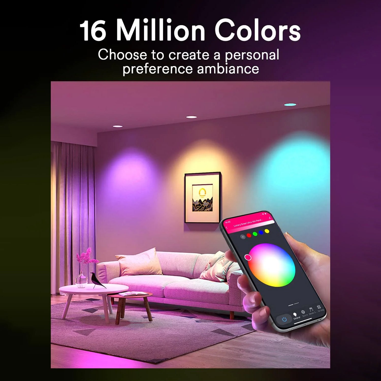 Smartphone controlling Lumary lights with 16 million color options in a modern living room.