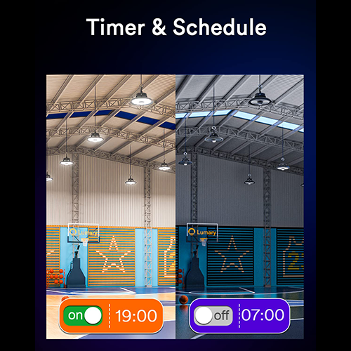 On/off timer settings for Lumary smart lights in a sports hall environment