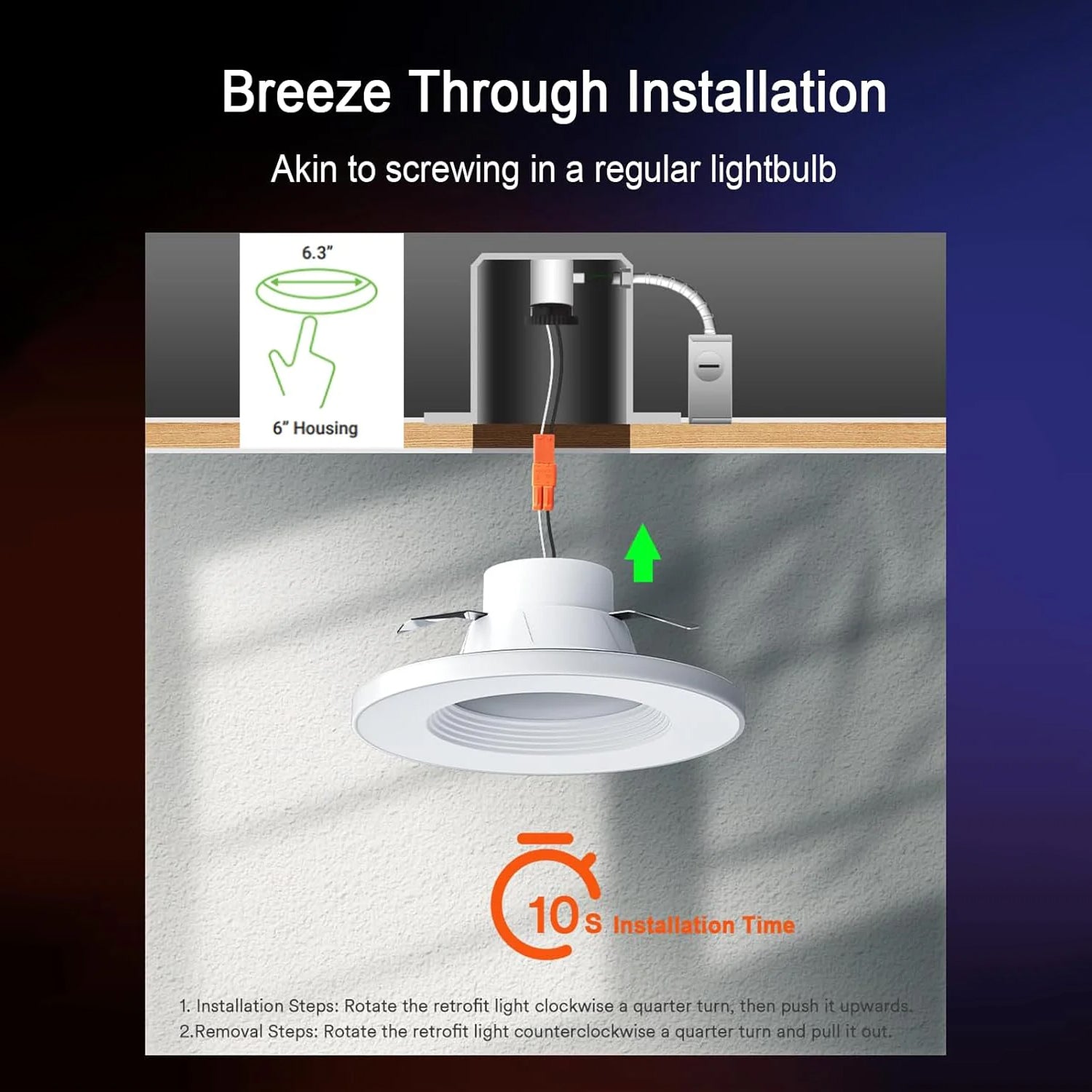 Lumary recessed light with quick installation guide for easy setup in 10 seconds.