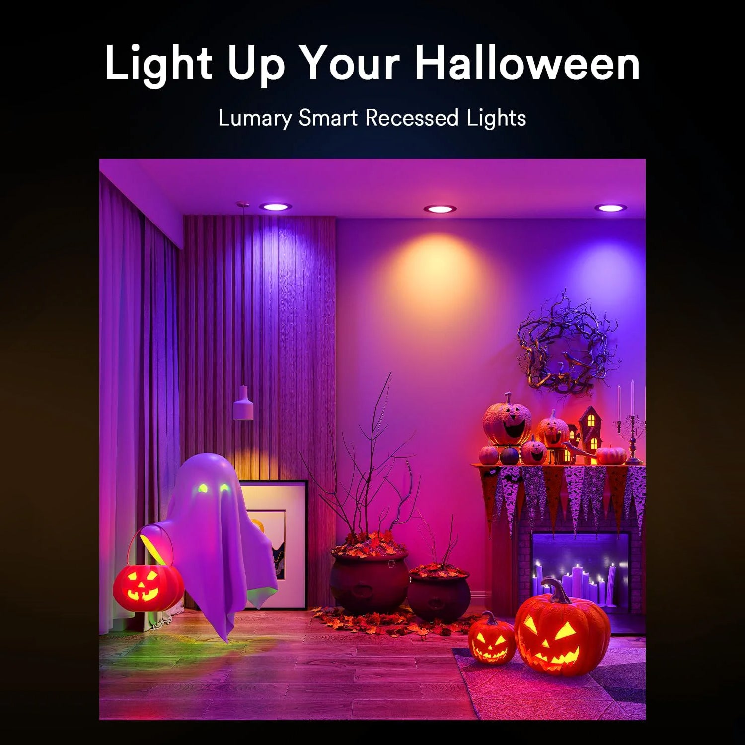 Halloween-themed living room with Lumary smart recessed lights in colorful colors.