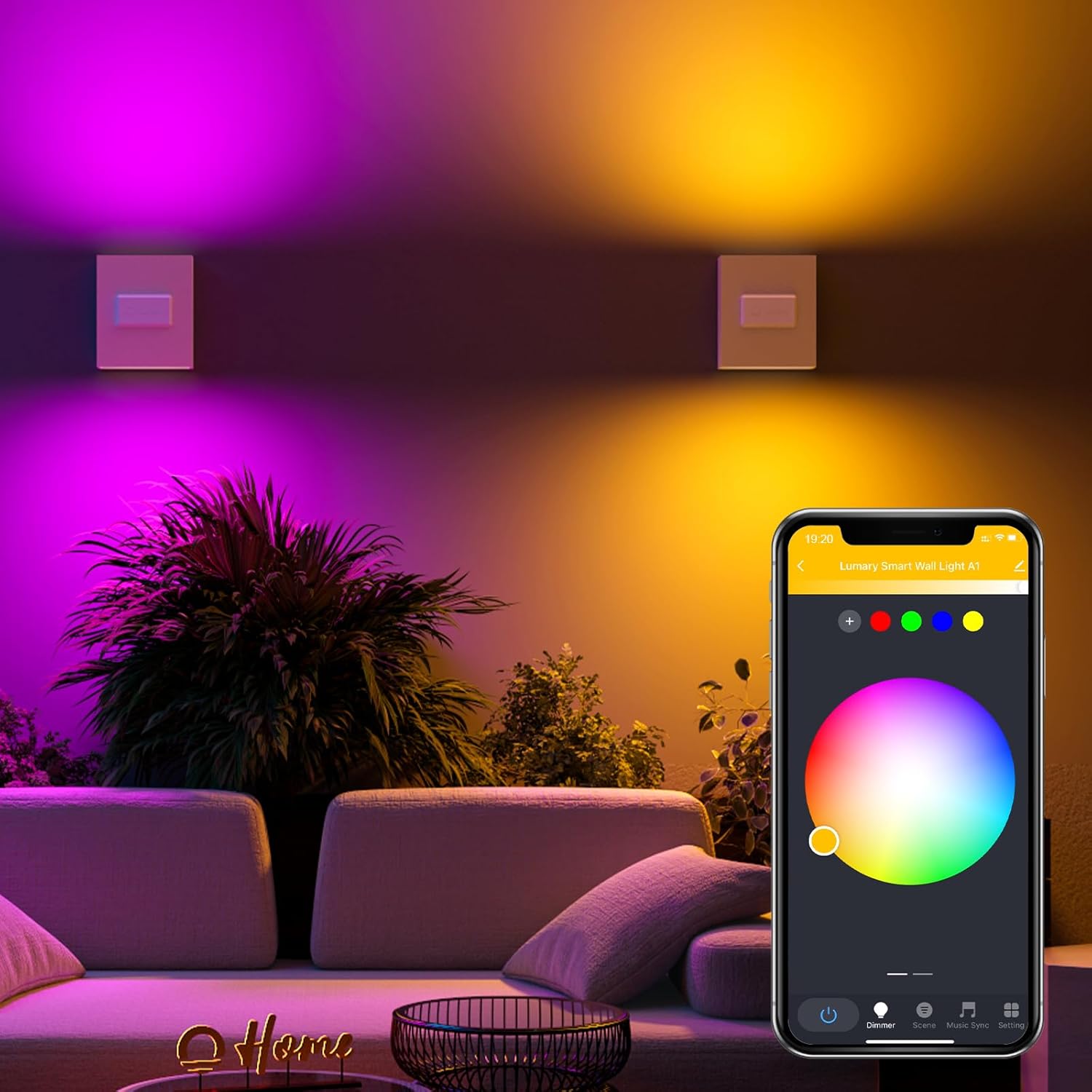 Lumary smart wall sconce lights in purple and yellow with app control shown
