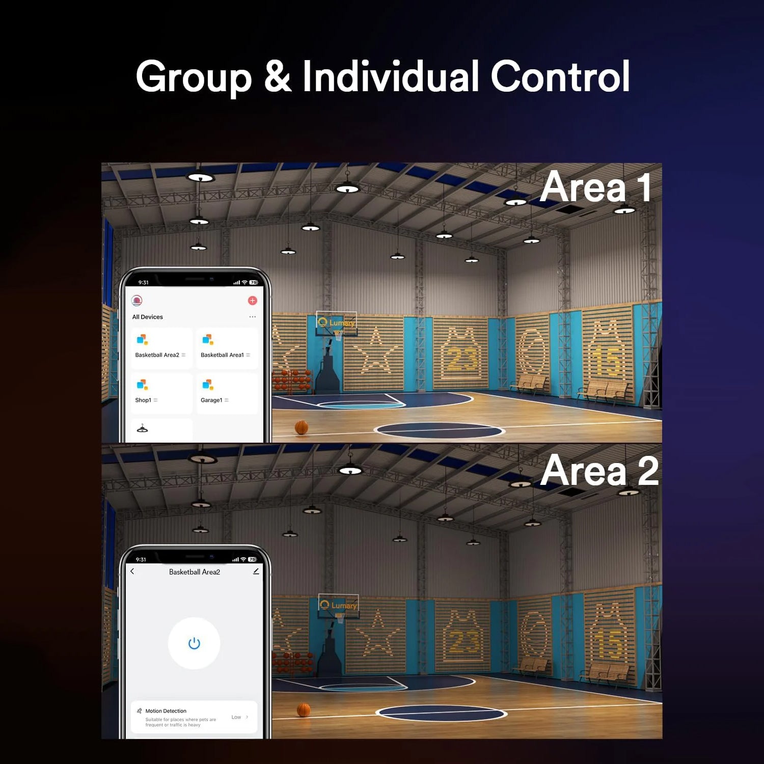 Control Lumary UFO LED High Bay Lights in two areas from smartphone app.