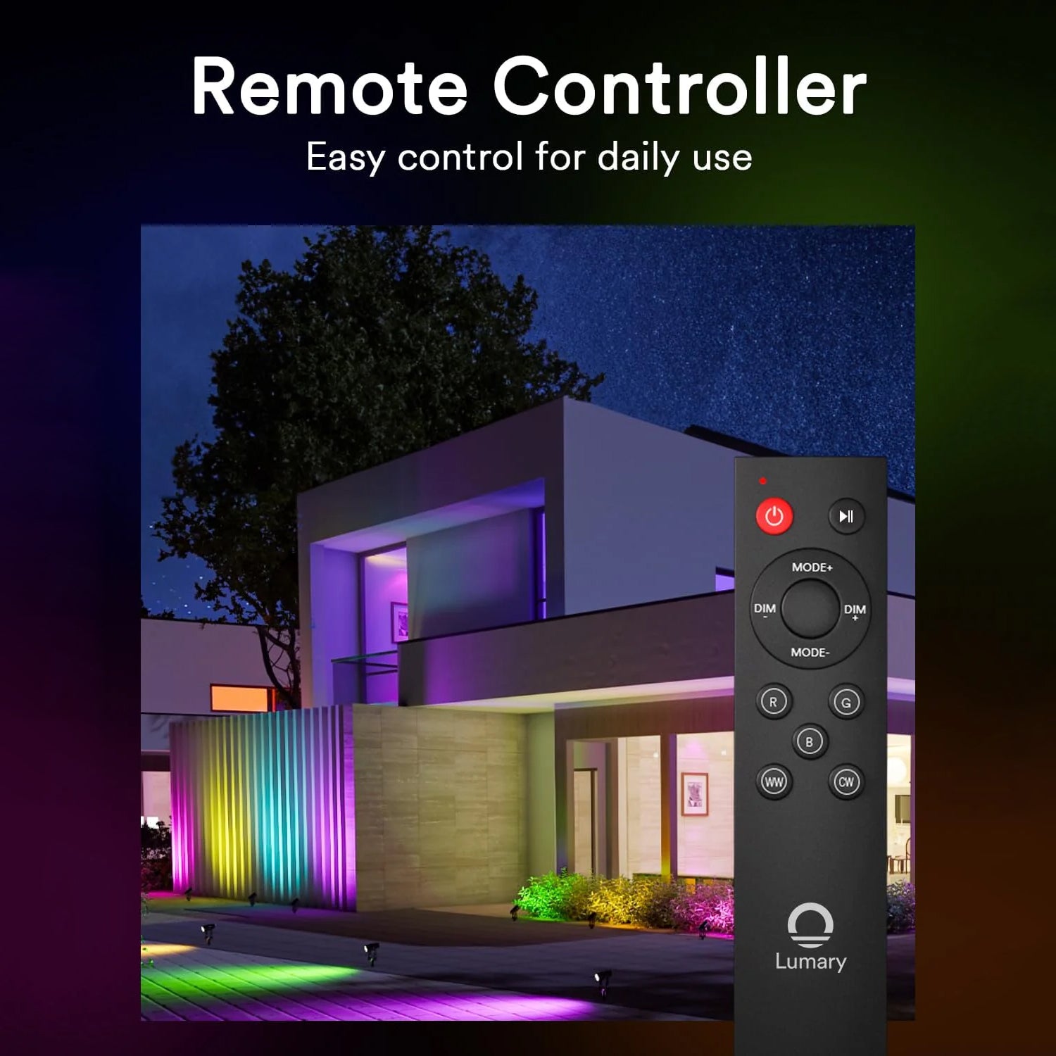 Lumary remote controller for smart outdoor lights with colorful house illumination.