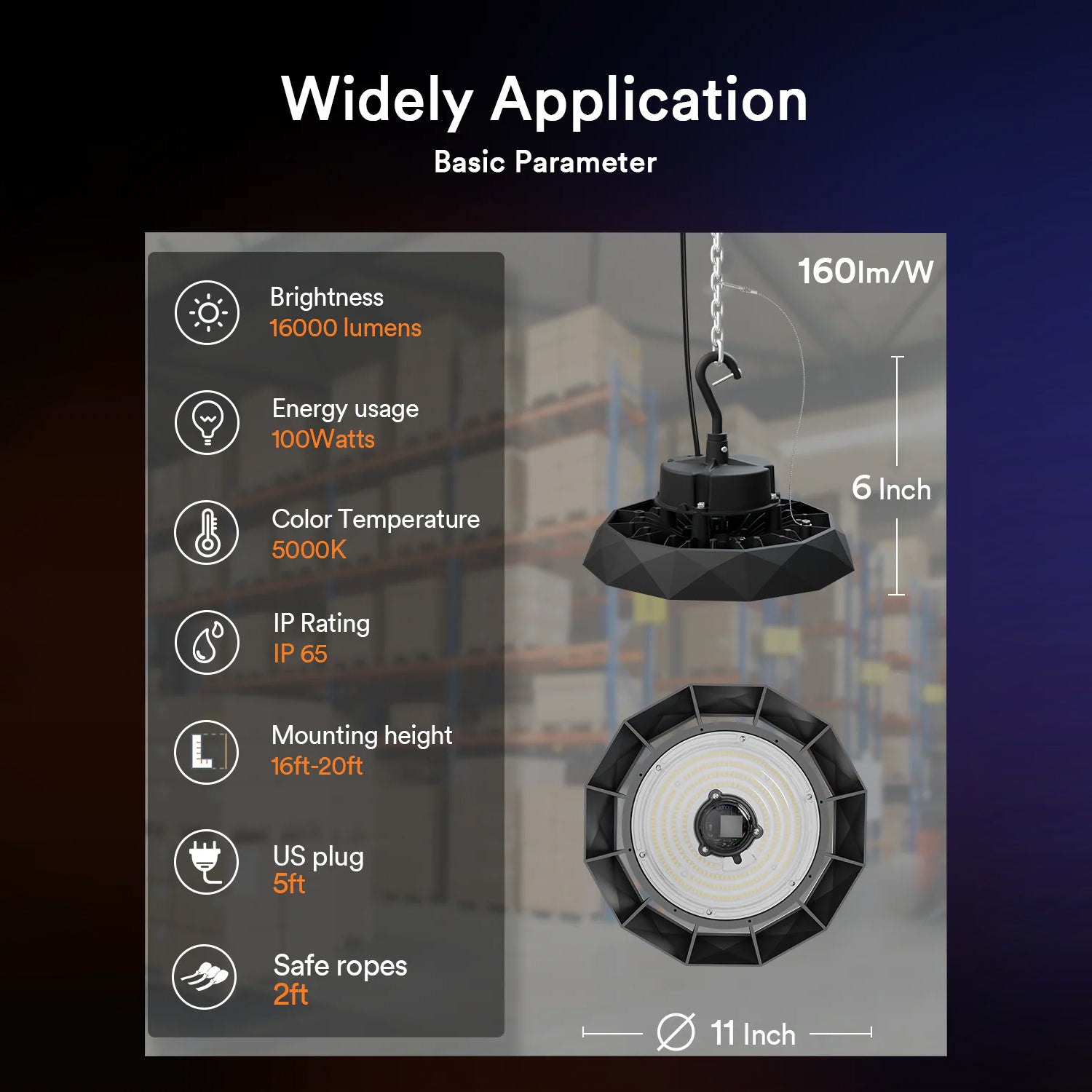 Basic parameters of Lumary UFO LED High Bay Light: 16000 lumens, 100W, 5000K.