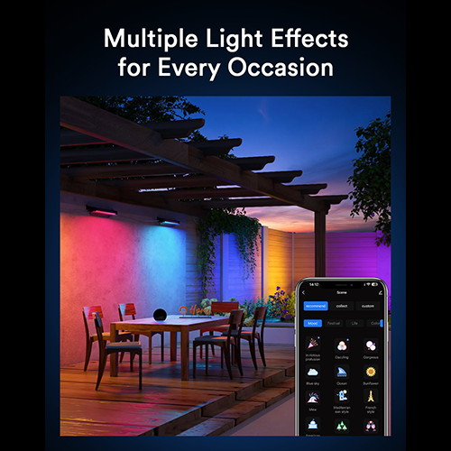 Lumary smart outdoor lights creating a vibrant ambiance with customizable color effects.