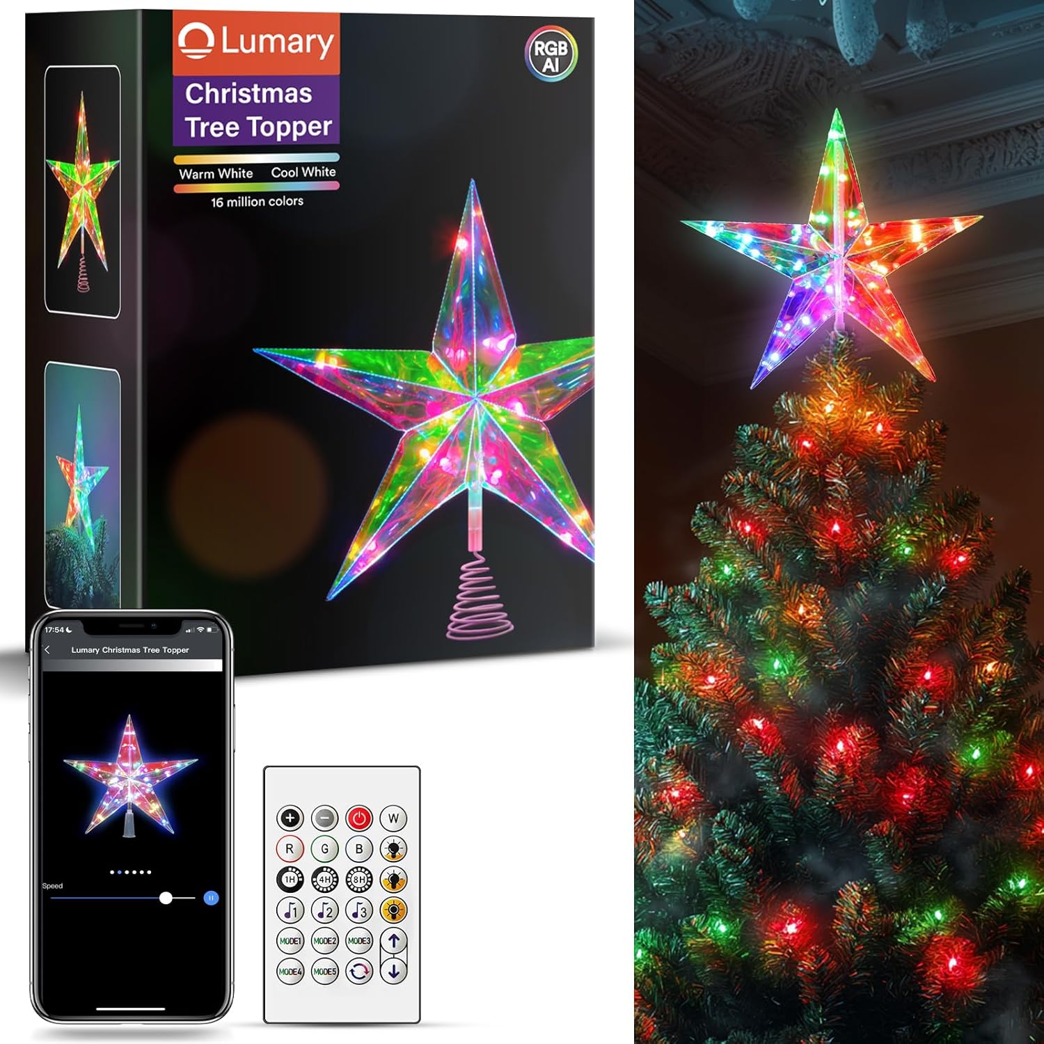 Lumary RGB Christmas tree topper star with remote and app control