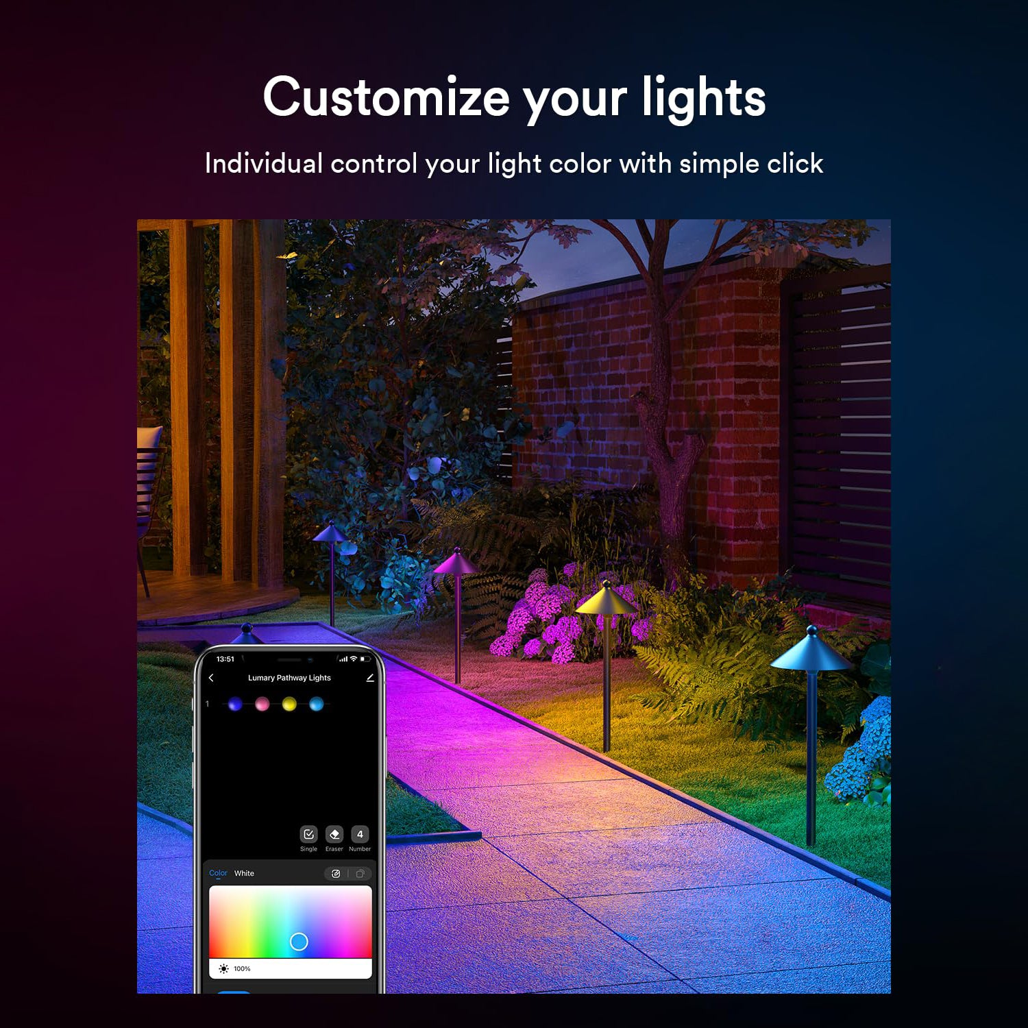 Lumary pathway lights illuminating garden path with smartphone app for color customization.