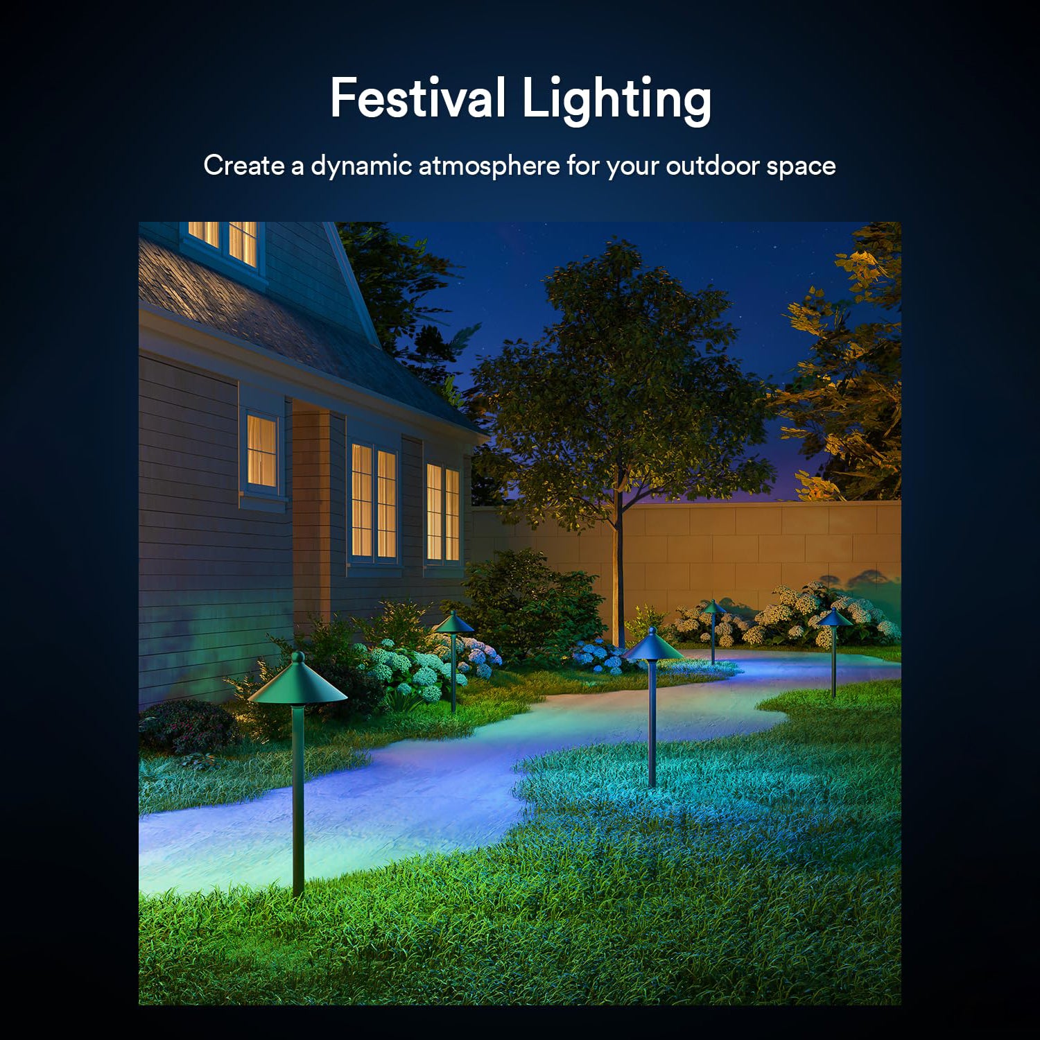 Lumary smart pathway lights creating festival lighting along garden path with vibrant colors.