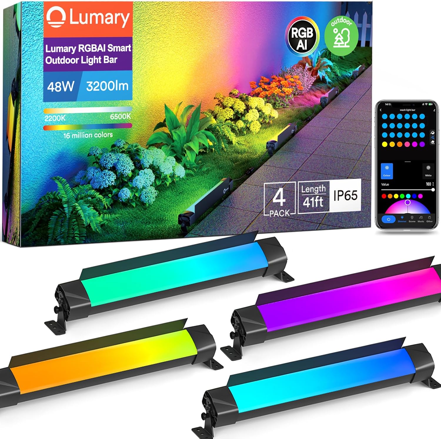 Lumary RGBAI Smart Outdoor Light Bars in various colors, 4-pack with 48W and IP65 rating.