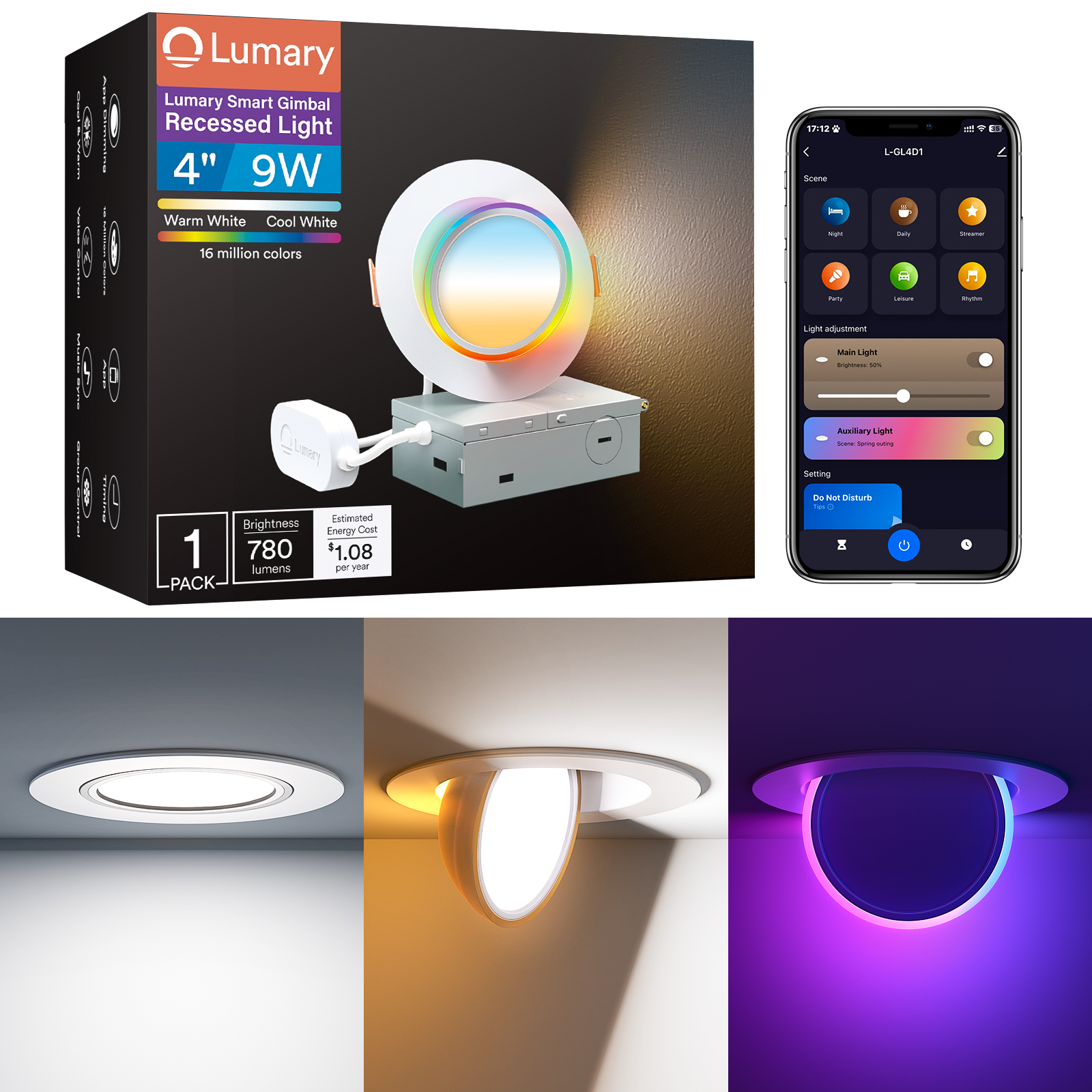 Lumary Smart Gimbal 4" Recessed Light with app and color examples.