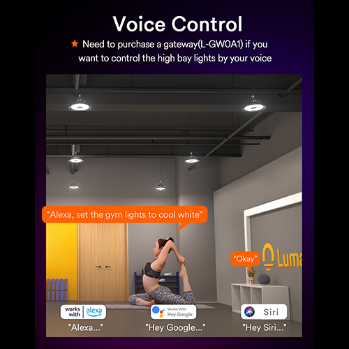 Yoga practitioner in gym using voice control for Lumary high bay lights