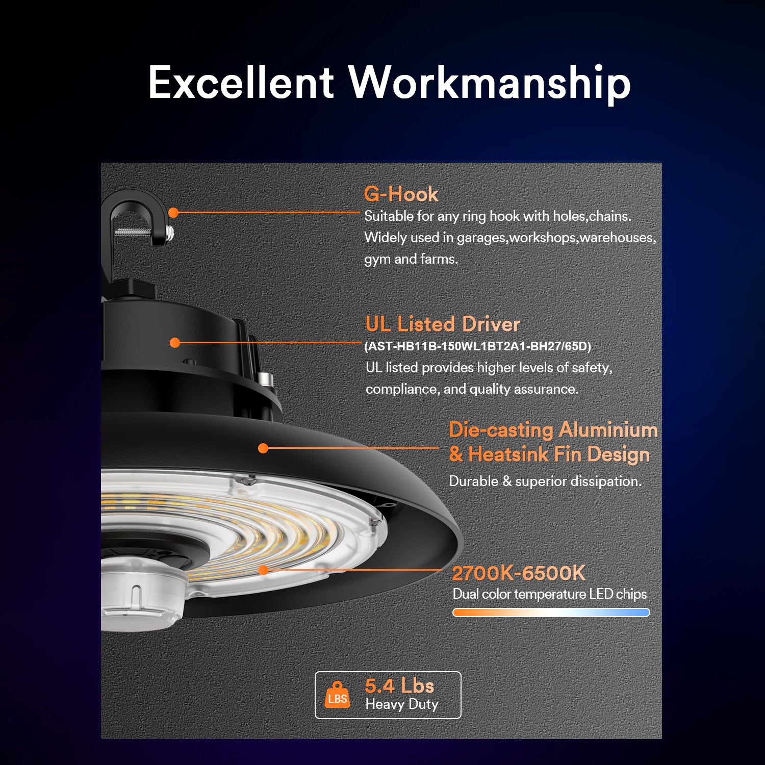 Lumary UFO LED High Bay Light specs: 2700K-6500K, G-hook, UL listed driver.