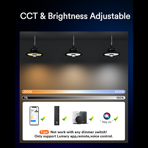 Adjustable color temperature and brightness for Lumary high bay lights from 2700K to 6500K