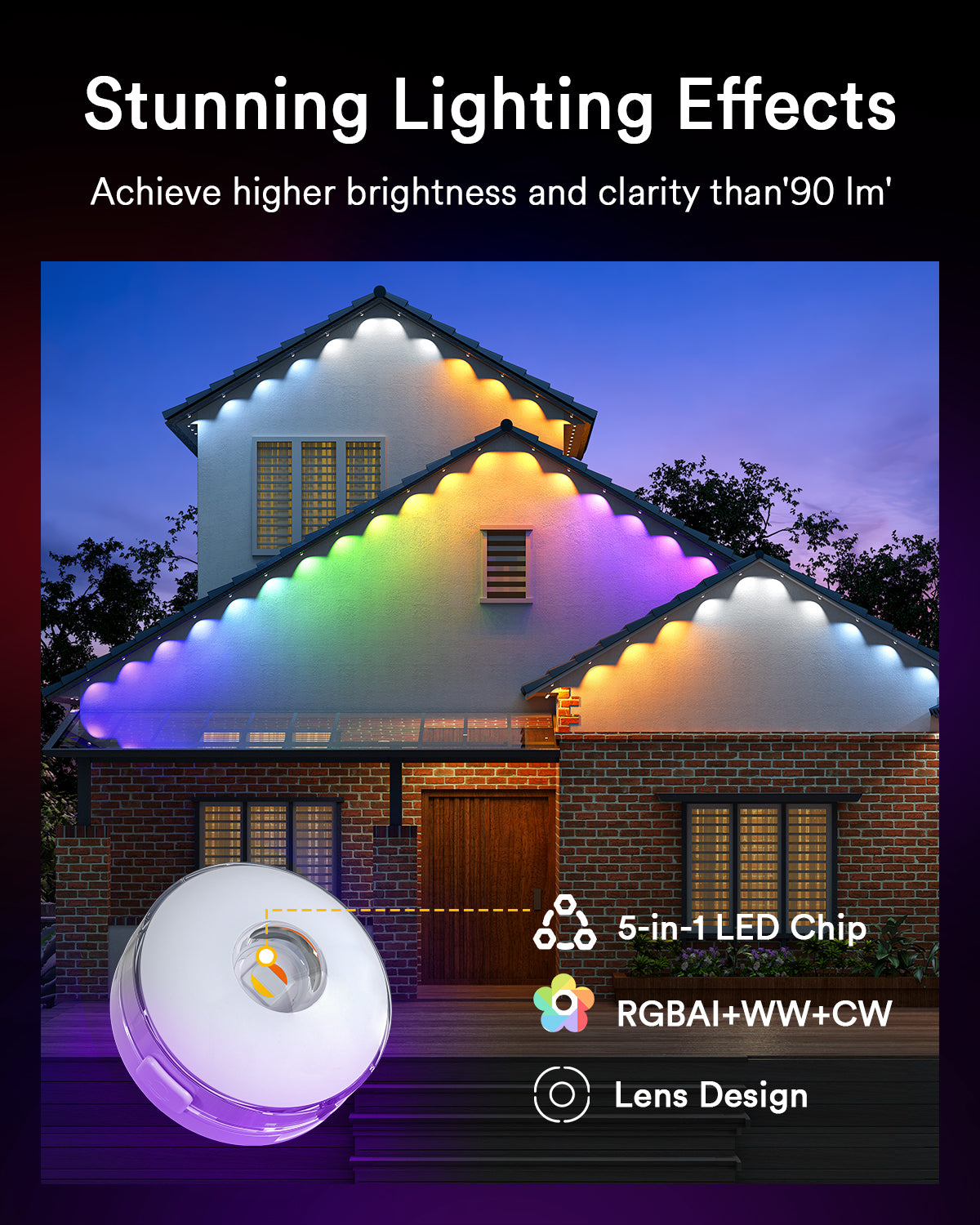Home illuminated with Lumary smart LED lights highlighting 5-in-1 chip technology.