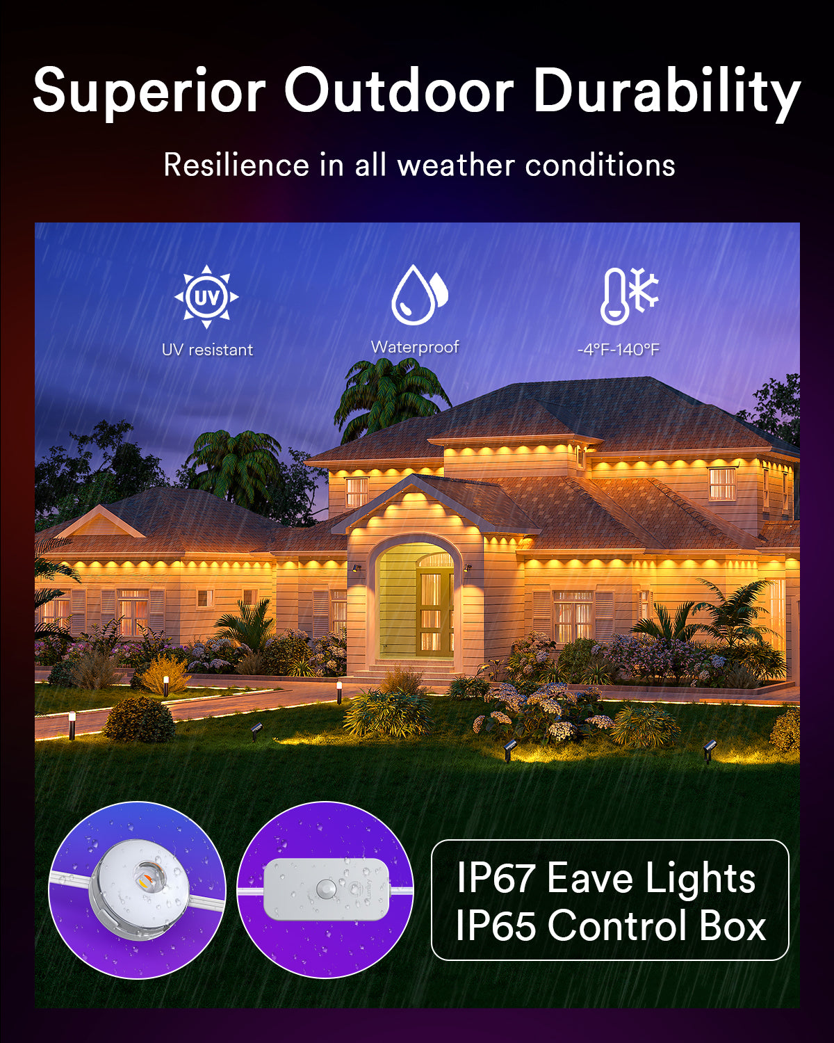 Lumary outdoor lights on a house, highlighting IP67 waterproof and UV resistant features.