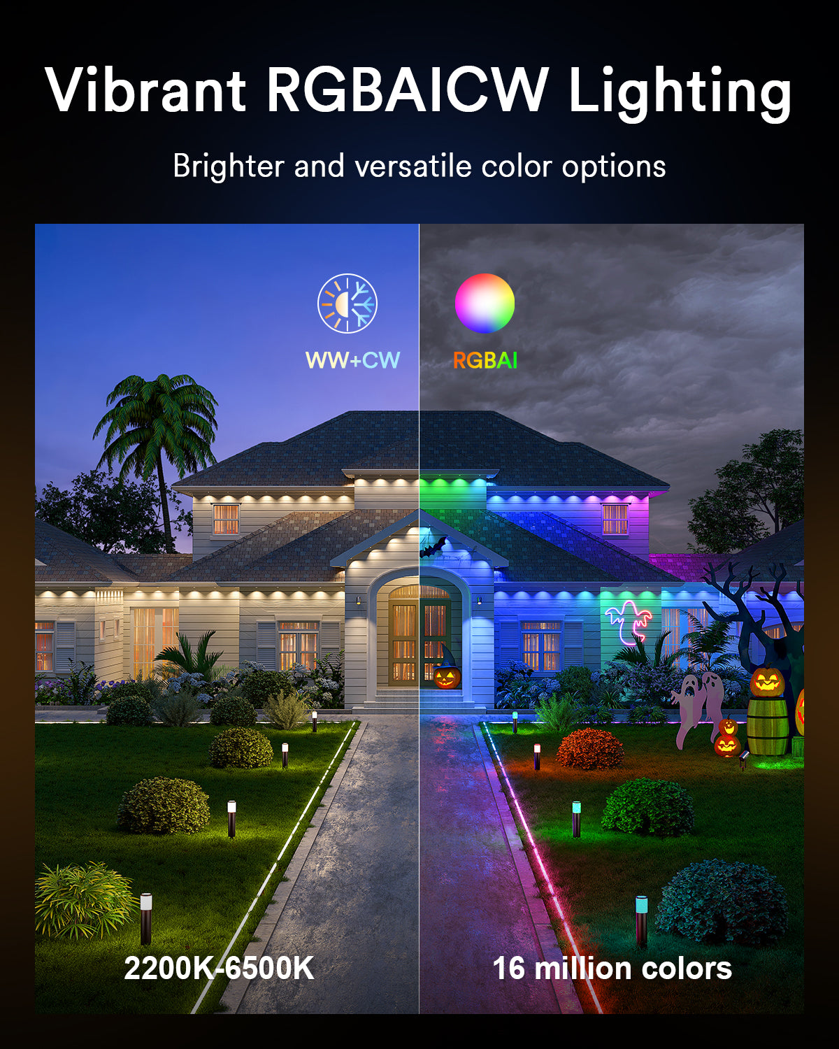 House with warm white and vibrant RGB lights showcasing Lumary's color versatility.