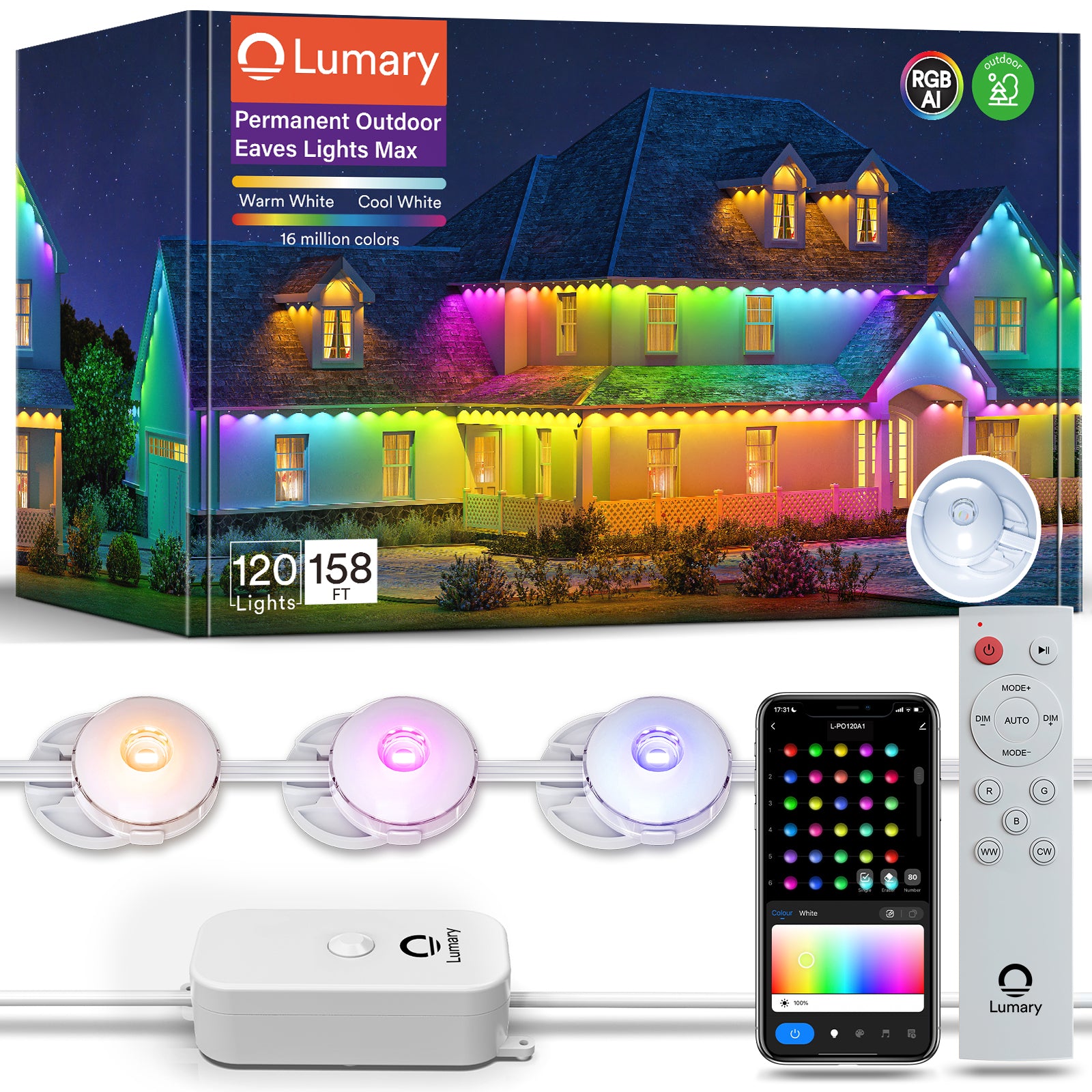 Lumary outdoor lights box showcasing colorful home illumination and remote control options.