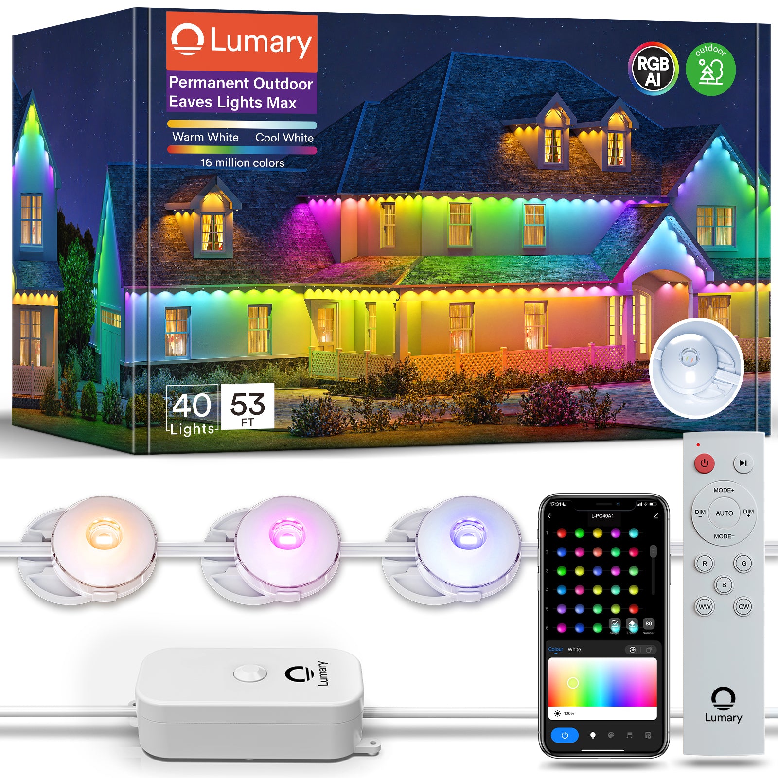 Lumary outdoor lights box with colorful home illumination and app control features.