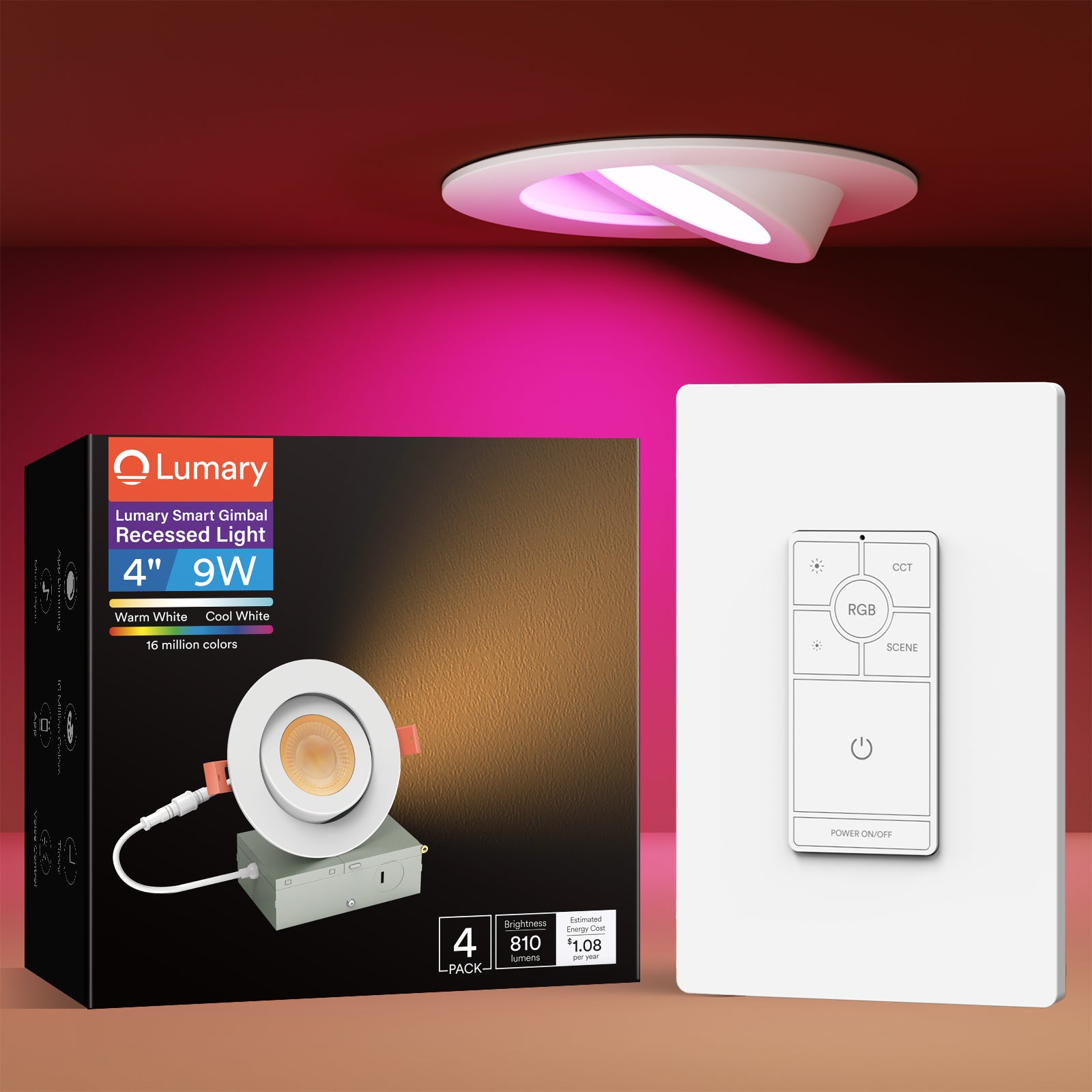 Lumary 4 Inch Smart WiFi Gimbal Recessed Lighting with Dimmer Light Switch