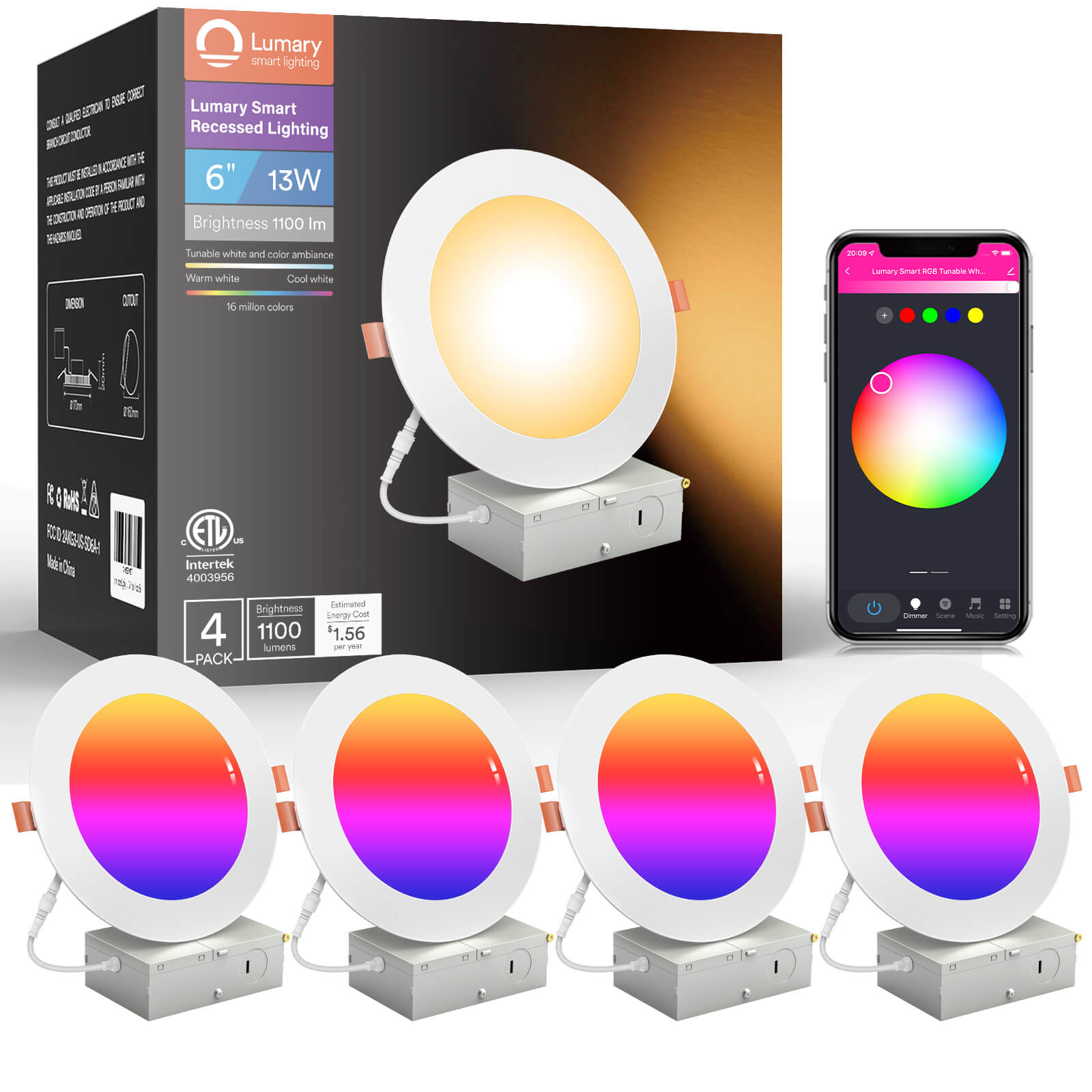 Lumary Smart LED Recessed Dimmable Downlight ETL Certified 6 inch 4 Pack - Lumary