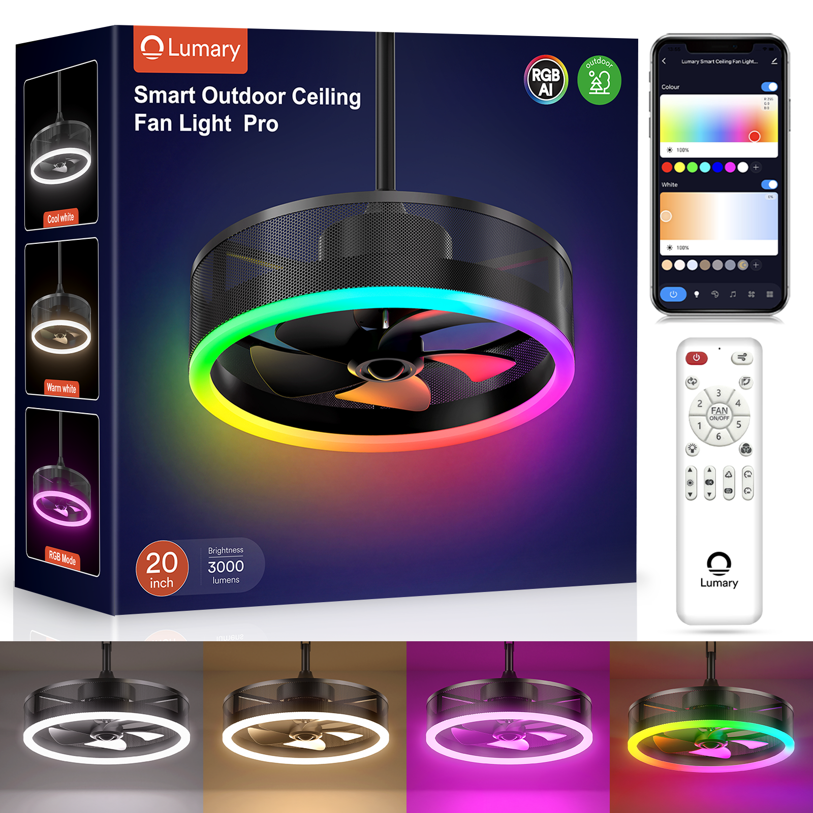Lumary Smart Outdoor Caged Ceiling Fan with Light Pro