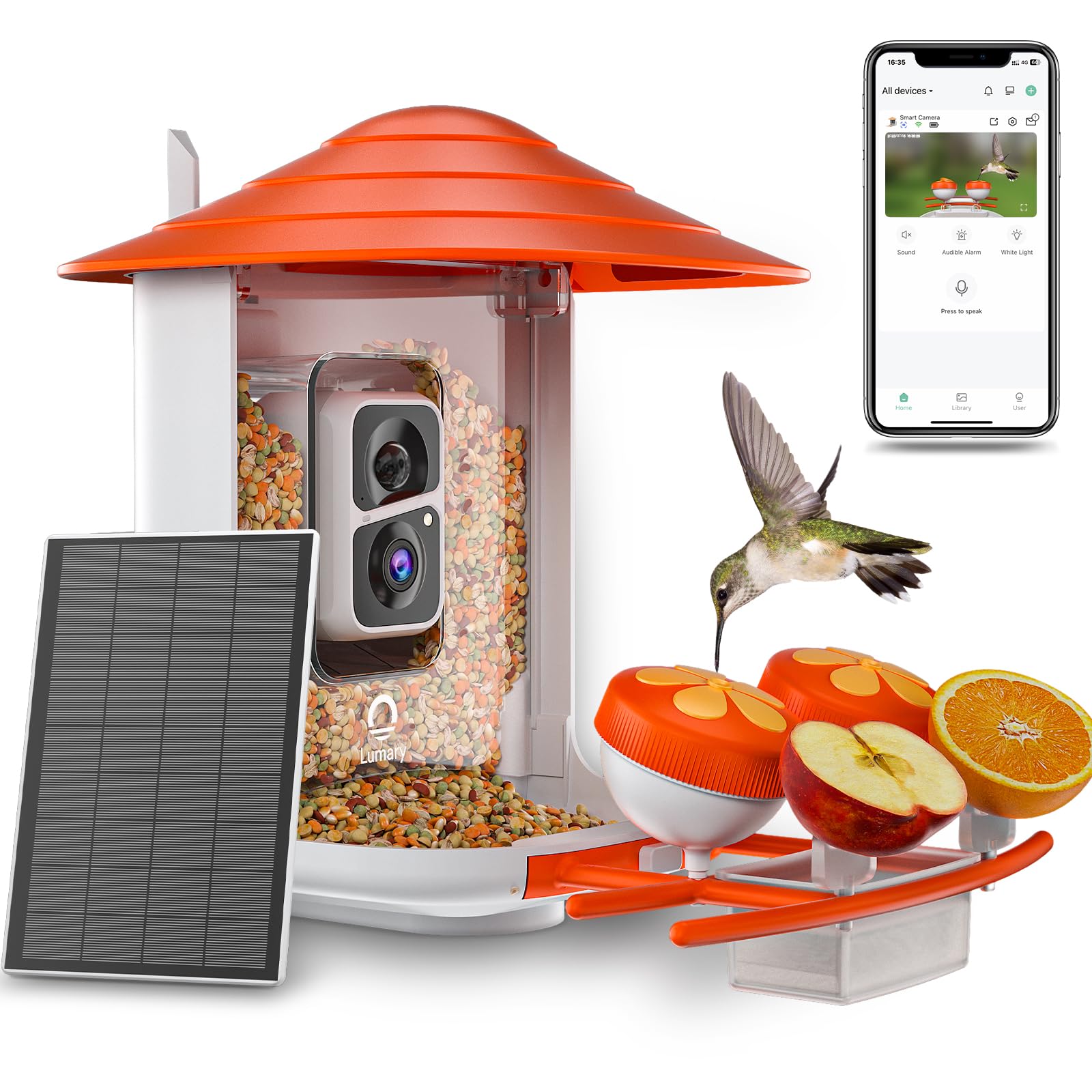 Lumary smart bird feeder with camera, solar panel, and bird feeders for attracting hummingbirds.