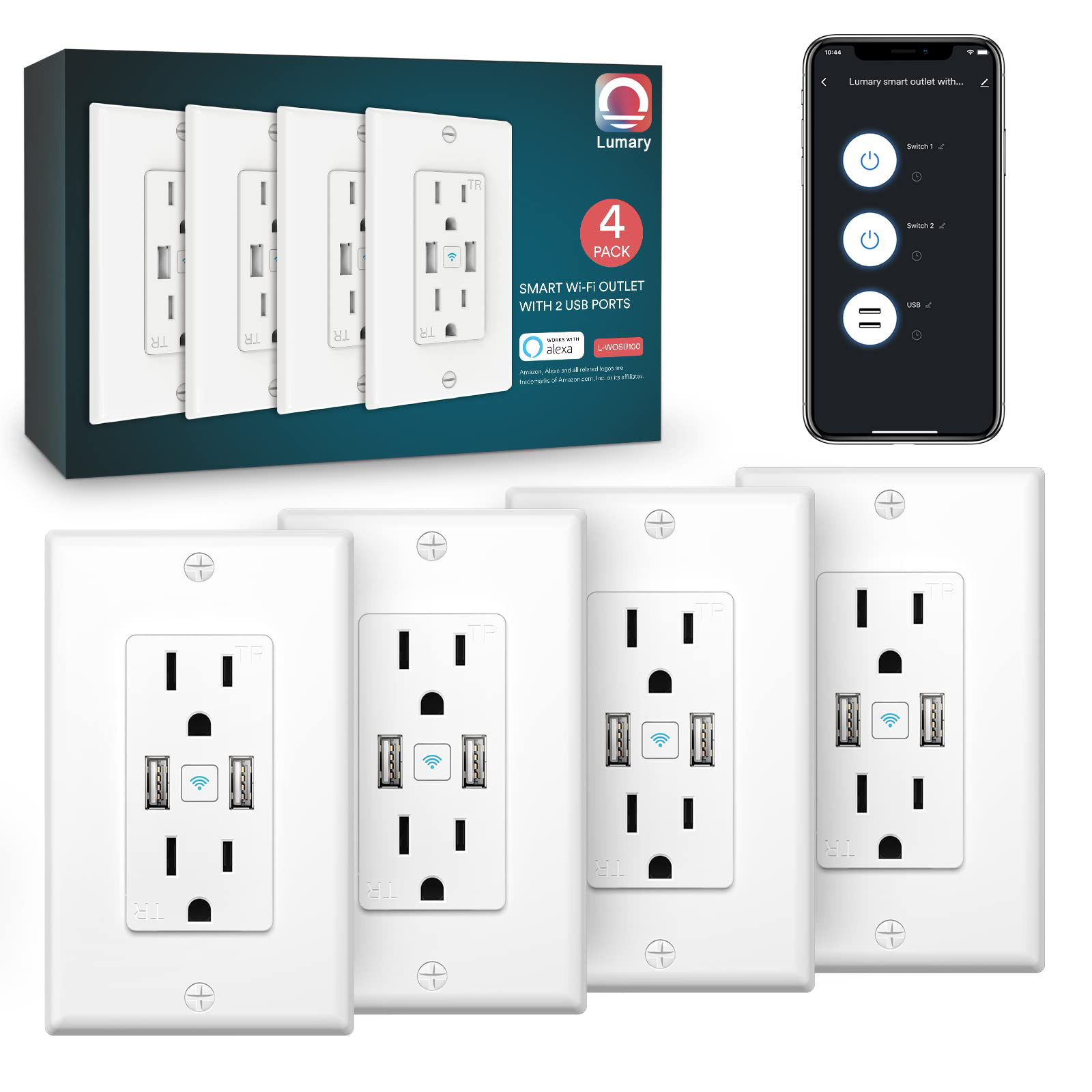 Lumary Smart Wi-Fi Outlet 4-pack with USB ports and smartphone app control