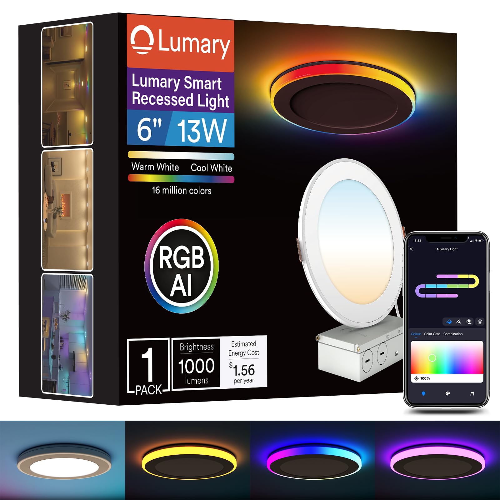Lumary Smart 6" RGB AI Recessed Light packaging with 16 million color options.