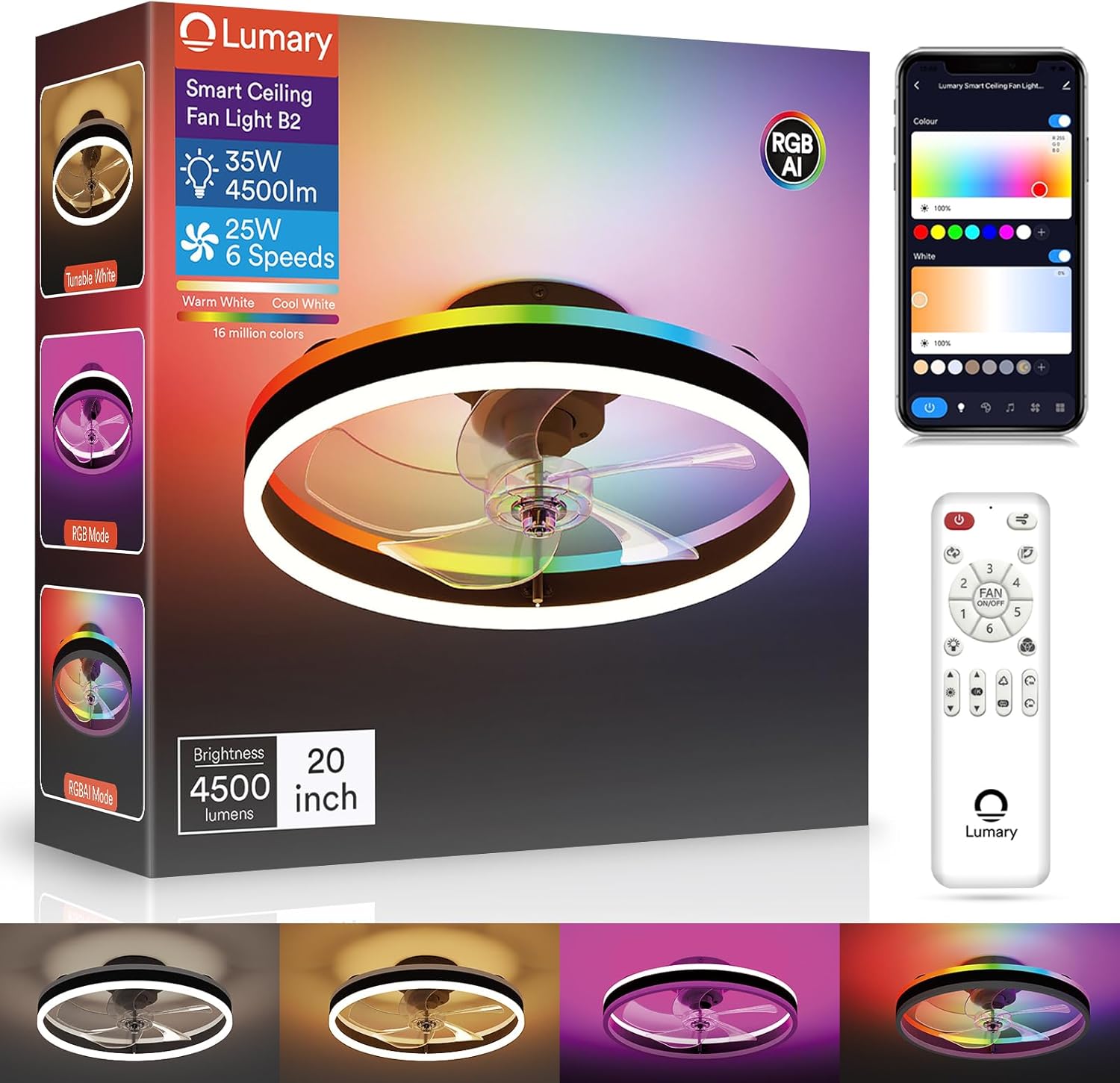 Lumary Smart Ceiling Fans with Lights Black