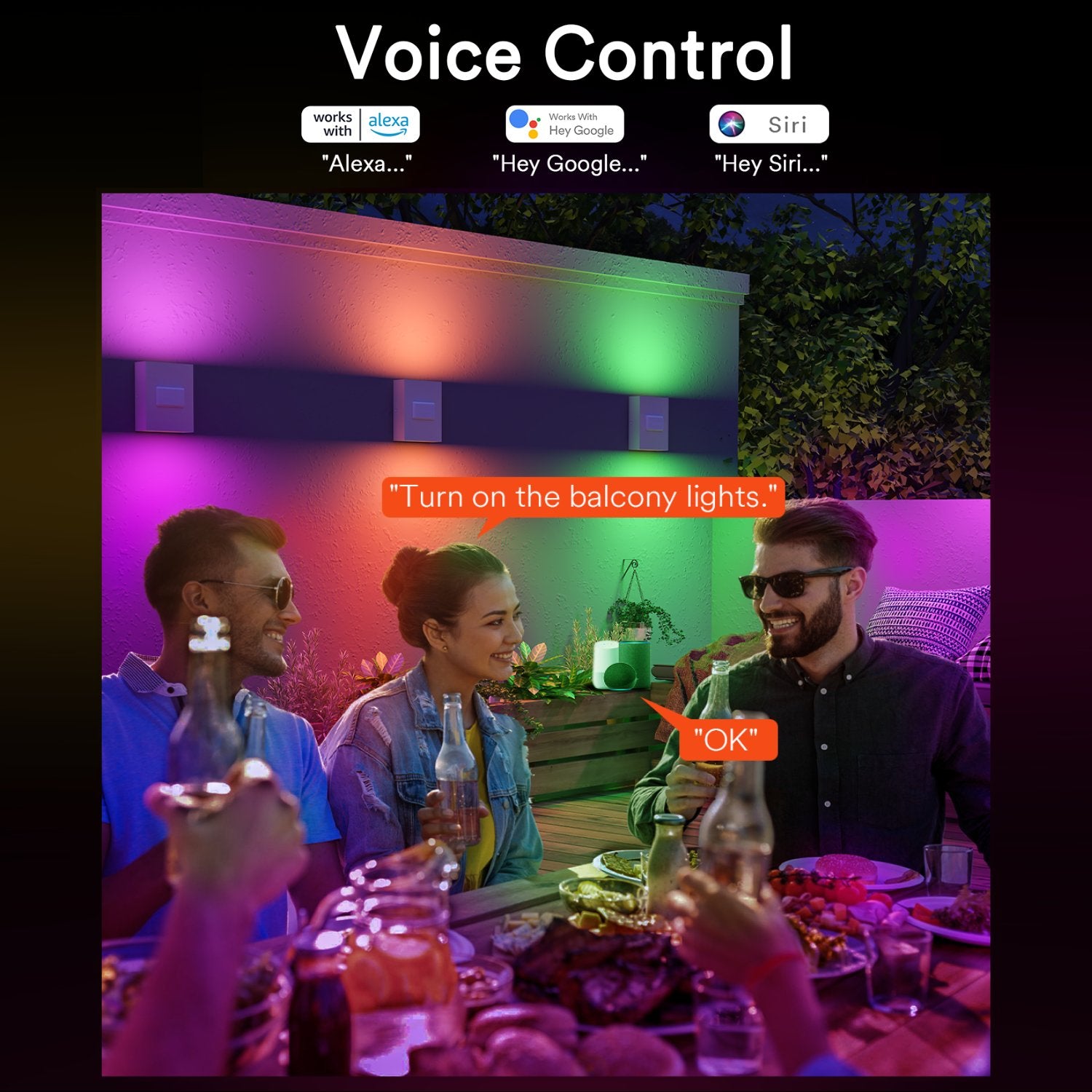 Group of friends using voice control for Lumary smart outdoor lights at a party.