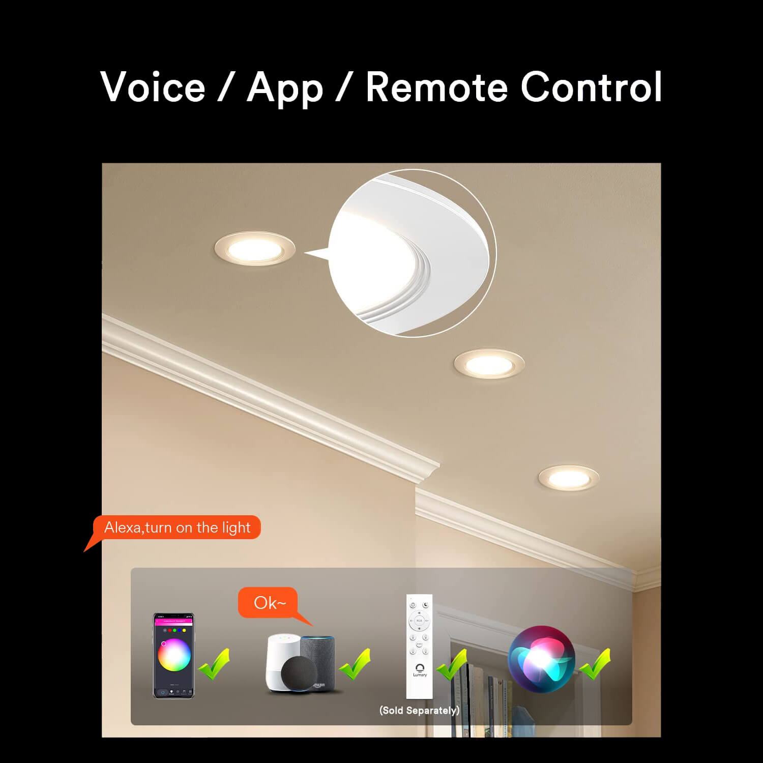 WiFi Smart Ultra-Thin Baffle Trim Recessed Lighting 6inch 4PCS (With Remote Cotroller)