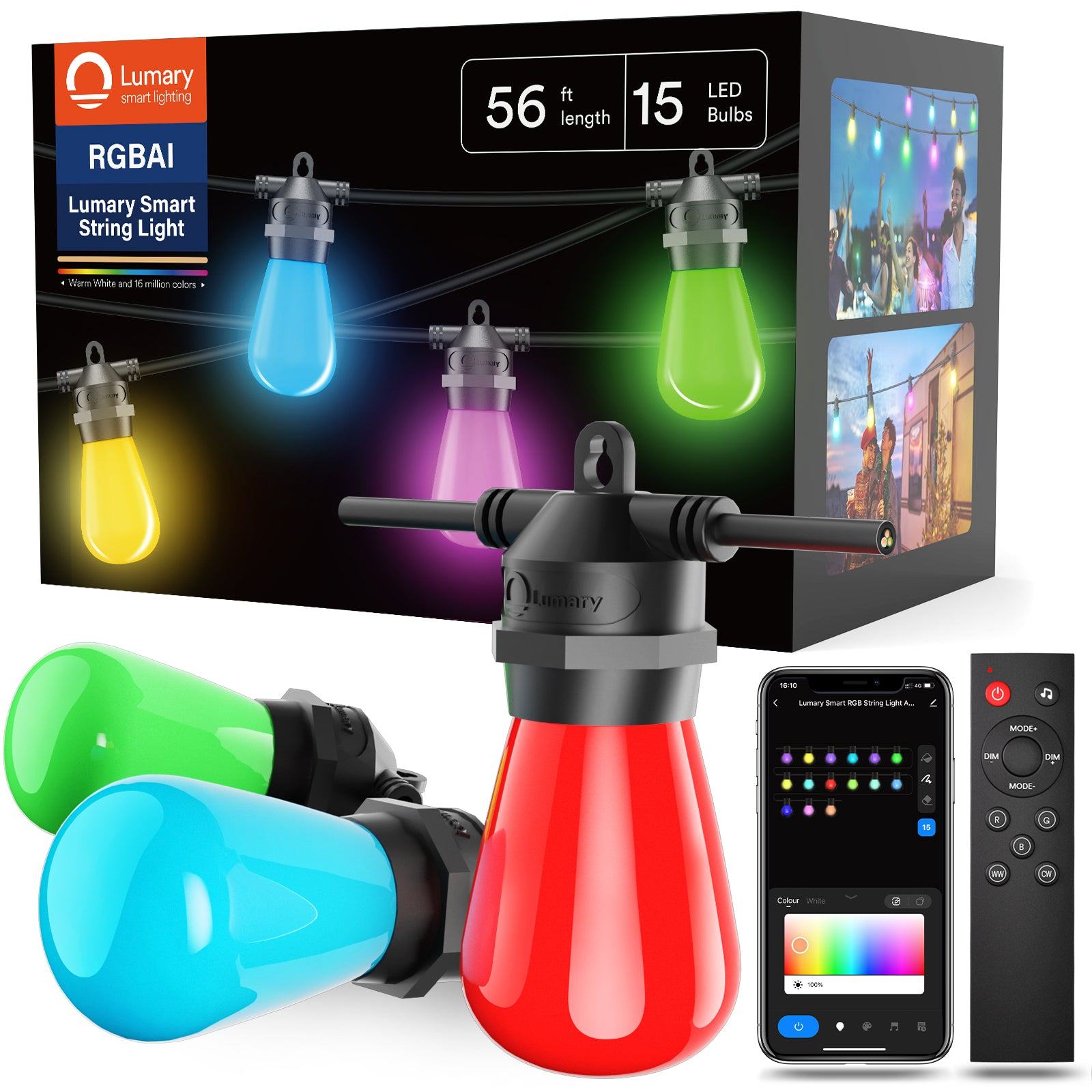Lumary RGBAI Wi-Fi & Bluetooth Outdoor Bulb String Lights