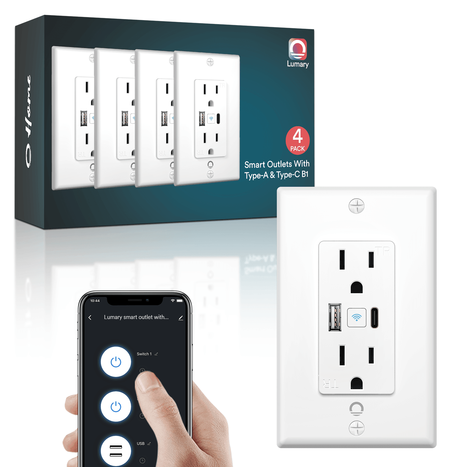 Lumary smart outlets Type A and C with app control, 4-pack
