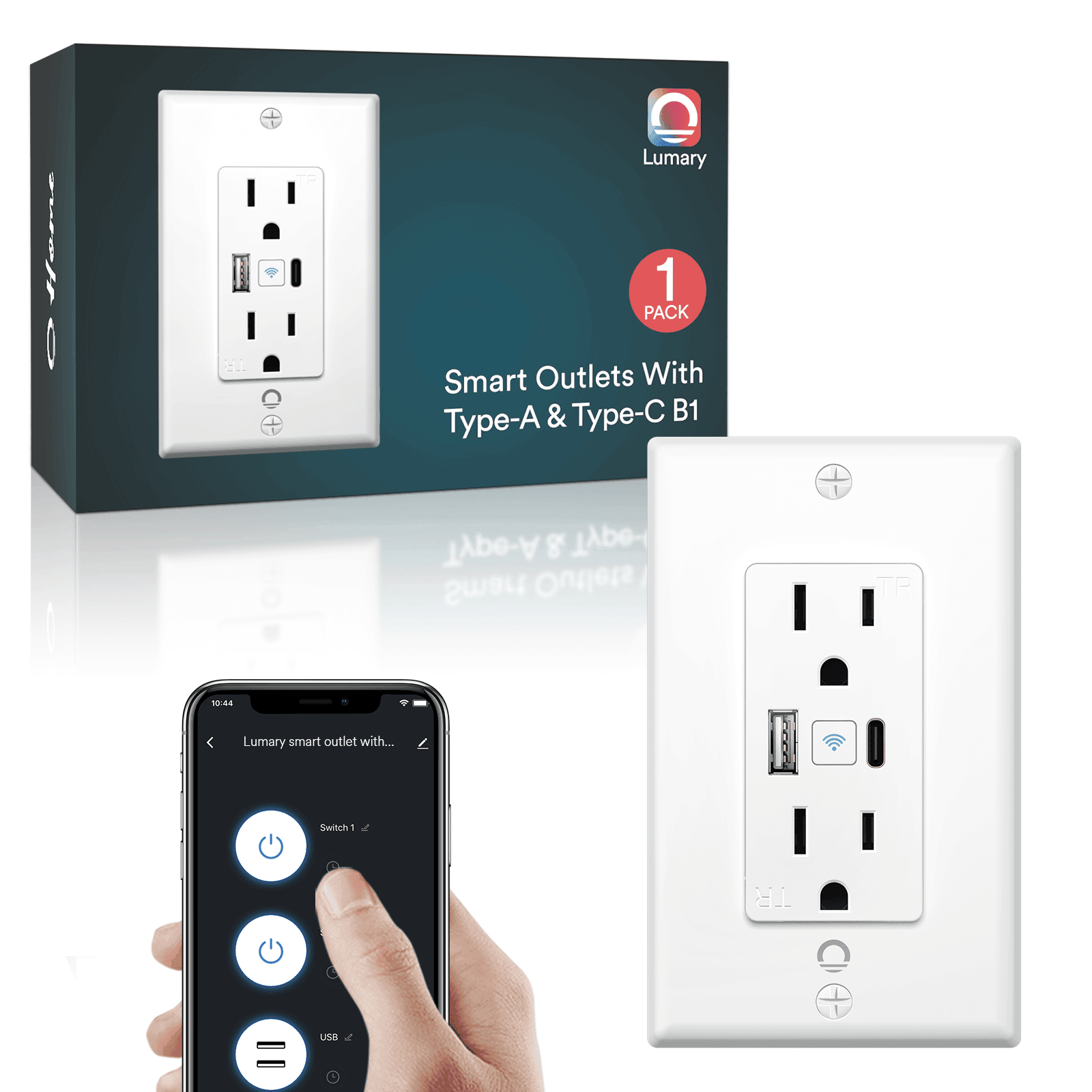 Lumary smart in-wall outlet with Type A and Type C ports, and smartphone app control.
