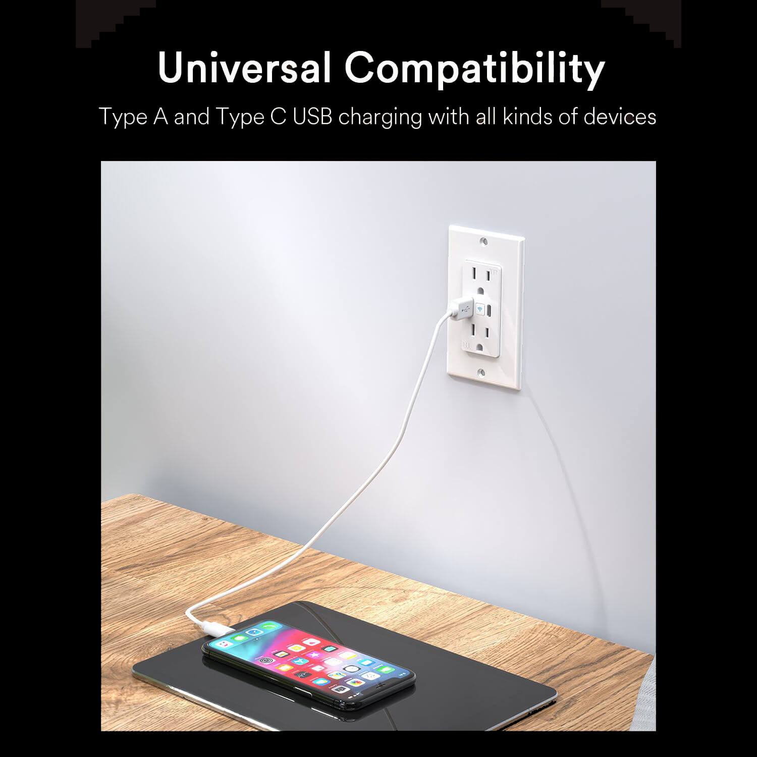 Lumary in-wall outlet with Type A and Type C USB ports charging a smartphone.