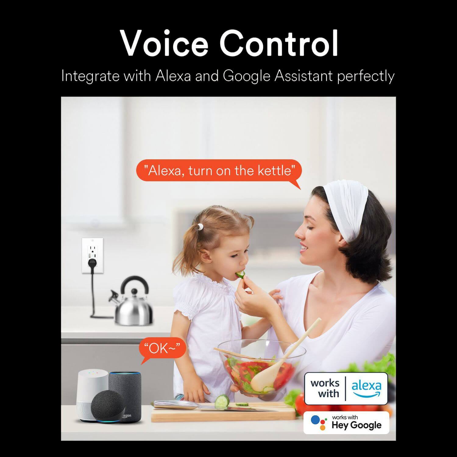 Woman and child using voice control for Lumary smart in-wall outlet with Alexa integration.