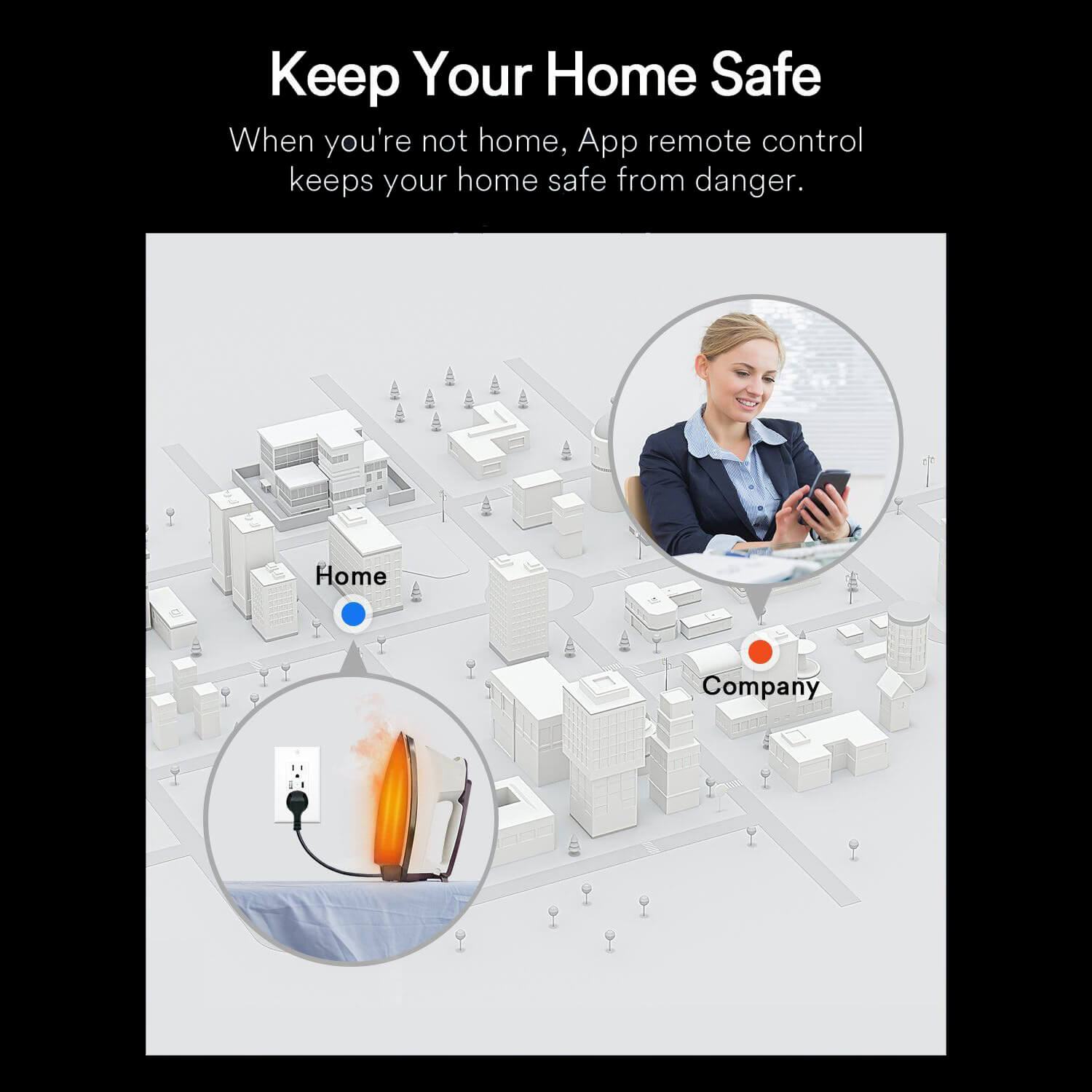 Lumary smart outlet app control for home safety illustration with remote monitoring.