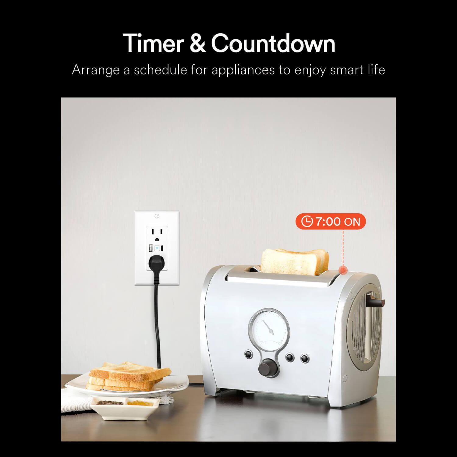 Lumary smart outlet with toaster displaying timer setting for scheduled toasting.