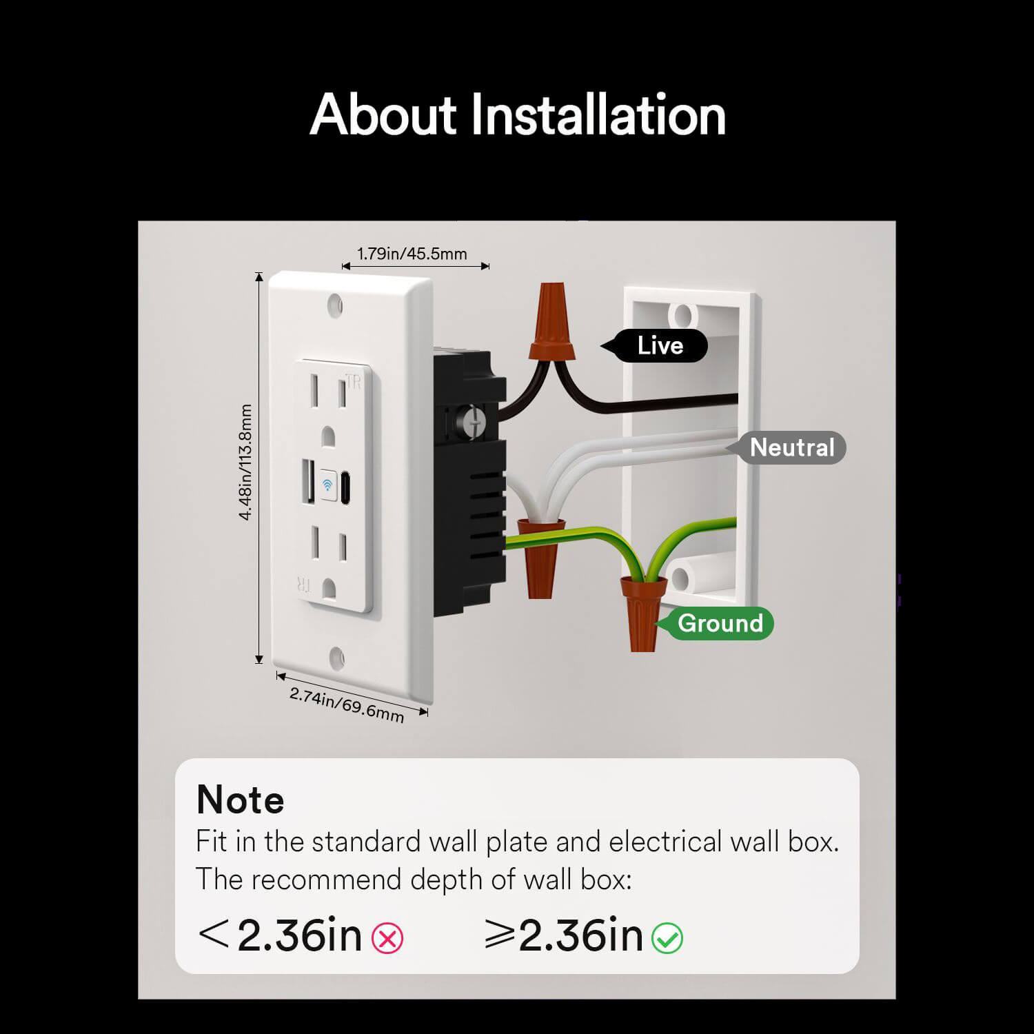 Lumary Smart Outlet installation diagram with wiring details and standard box dimensions.