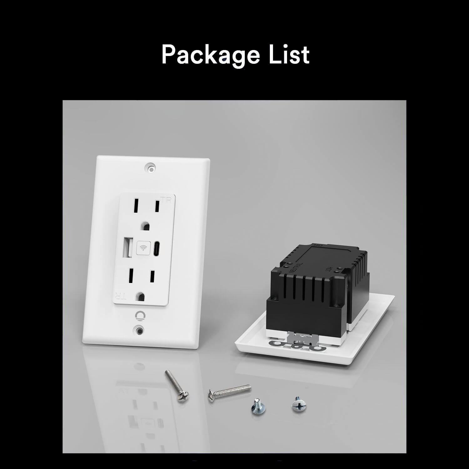 Lumary Smart outlet package list: wall plate, outlet, screws, and components included.