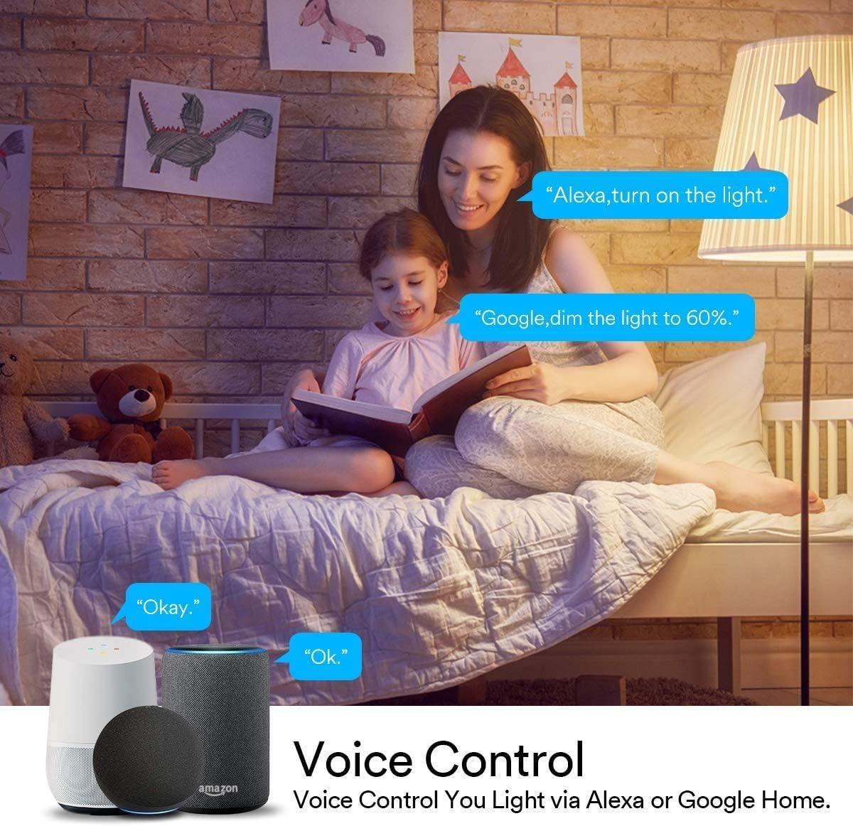 Mom reading to daughter with Lumary smart speakers for voice-controlled lighting.