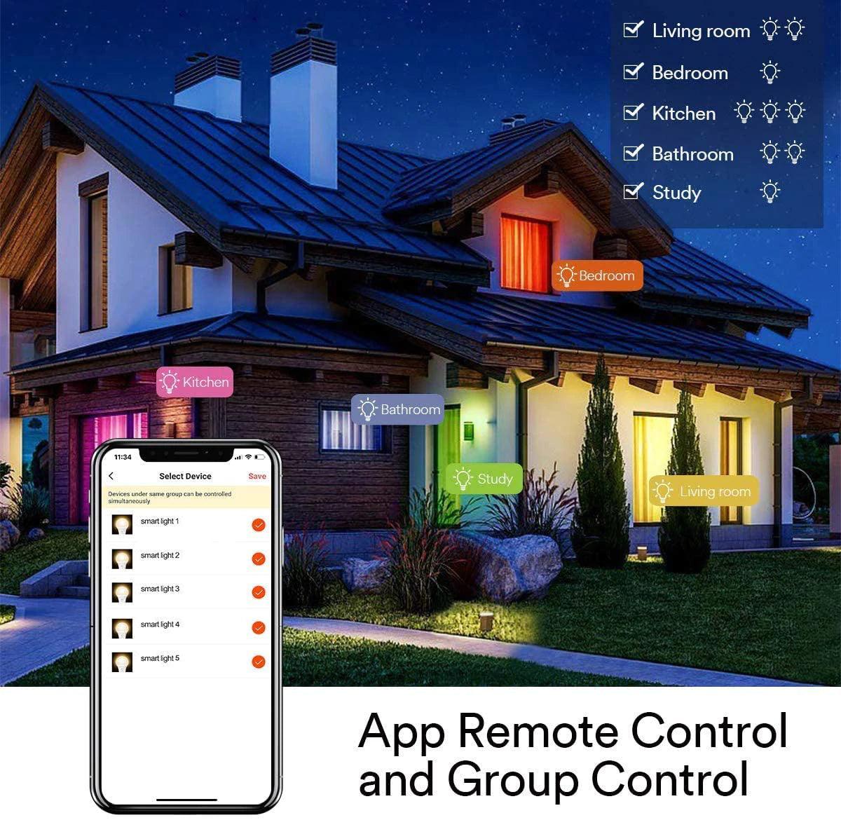 Lumary smart home with colorful lights in rooms, smartphone showing remote control options.