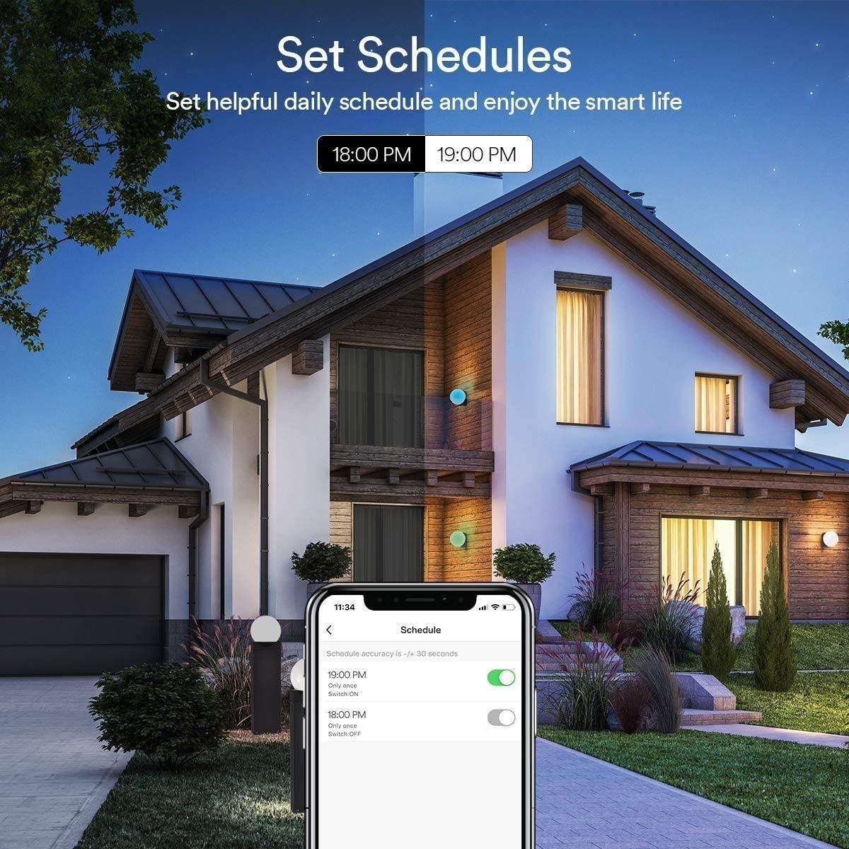 Lumary smart home exterior with scheduled lighting controls on smartphone app.