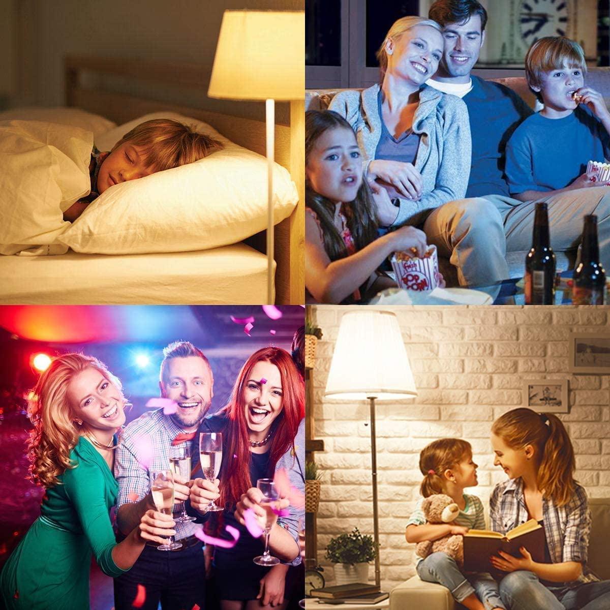 Collage of smart lighting use: sleeping child, family movie night, party celebration, mother reading, all illuminated by Lumary bulbs.